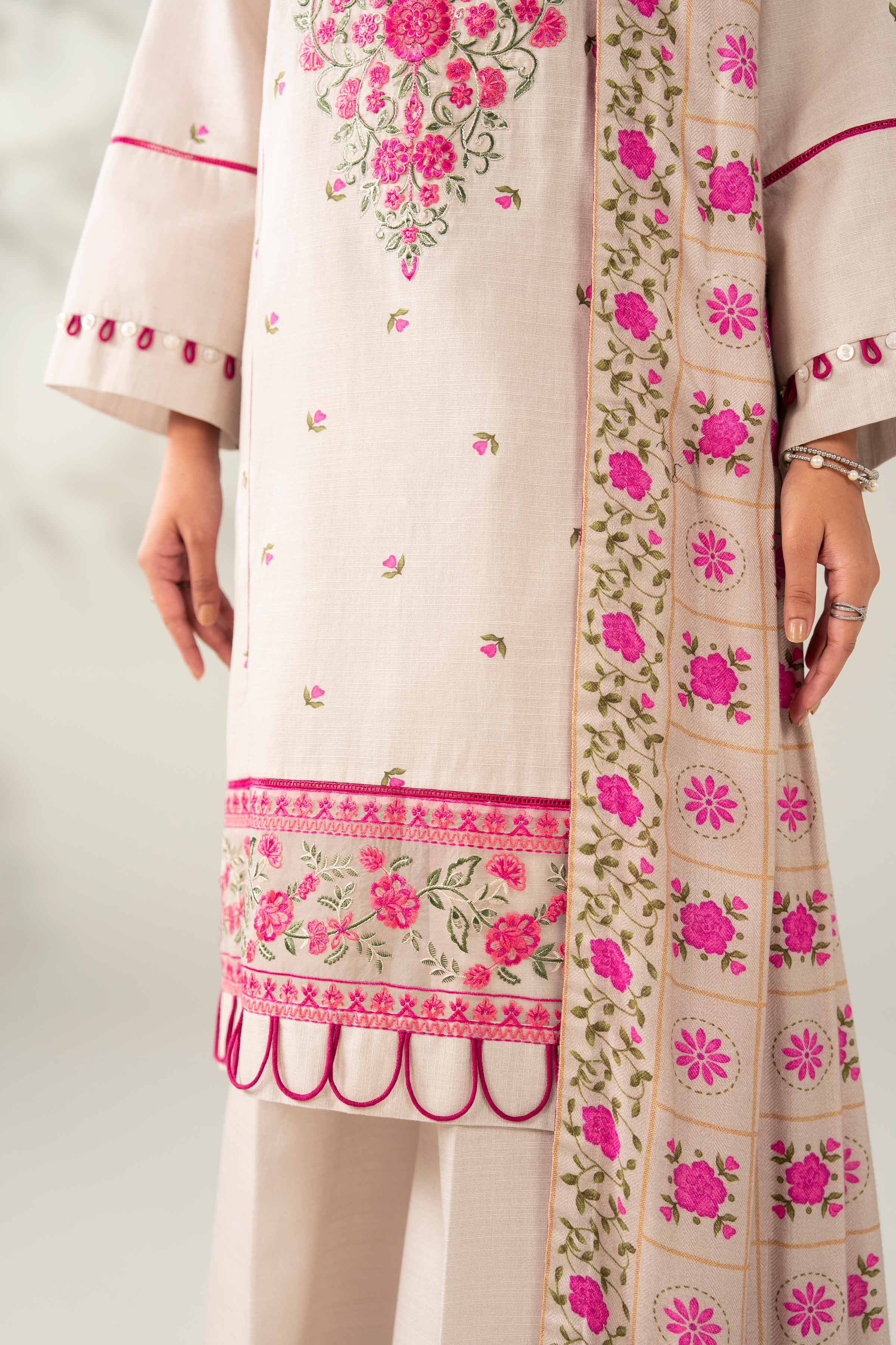 NISHATUAE - Beige Embroidered Khaddar 3-piece Unstitched Suit