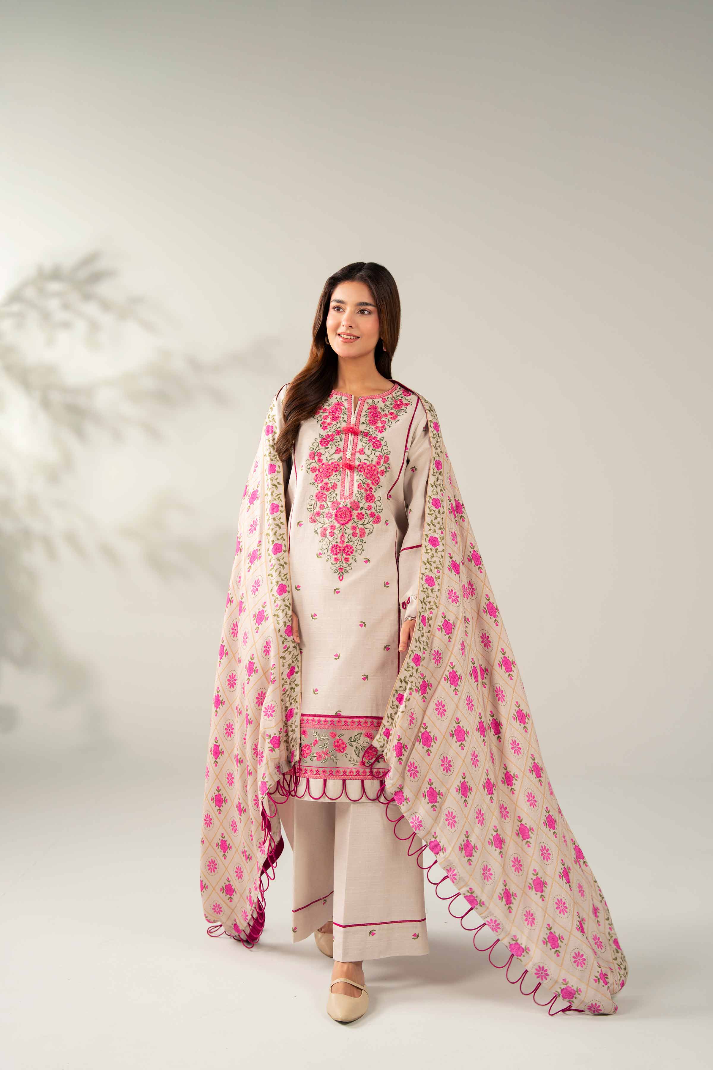 NISHATUAE - Beige Embroidered Khaddar 3-piece Unstitched Suit