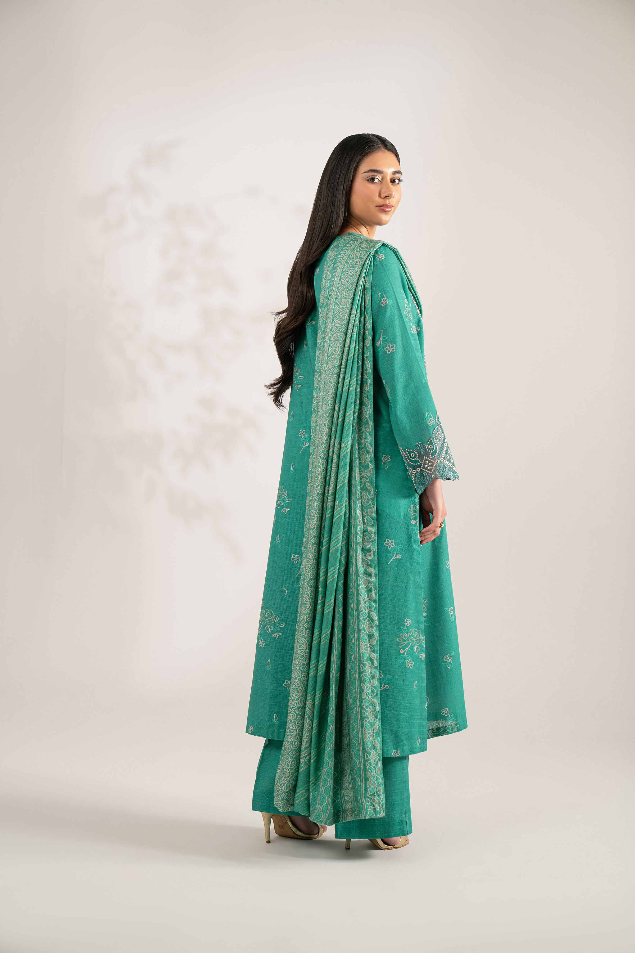 NISHATUAE - Turquoise Embroidered Khaddar 3-piece Unstitched Suit