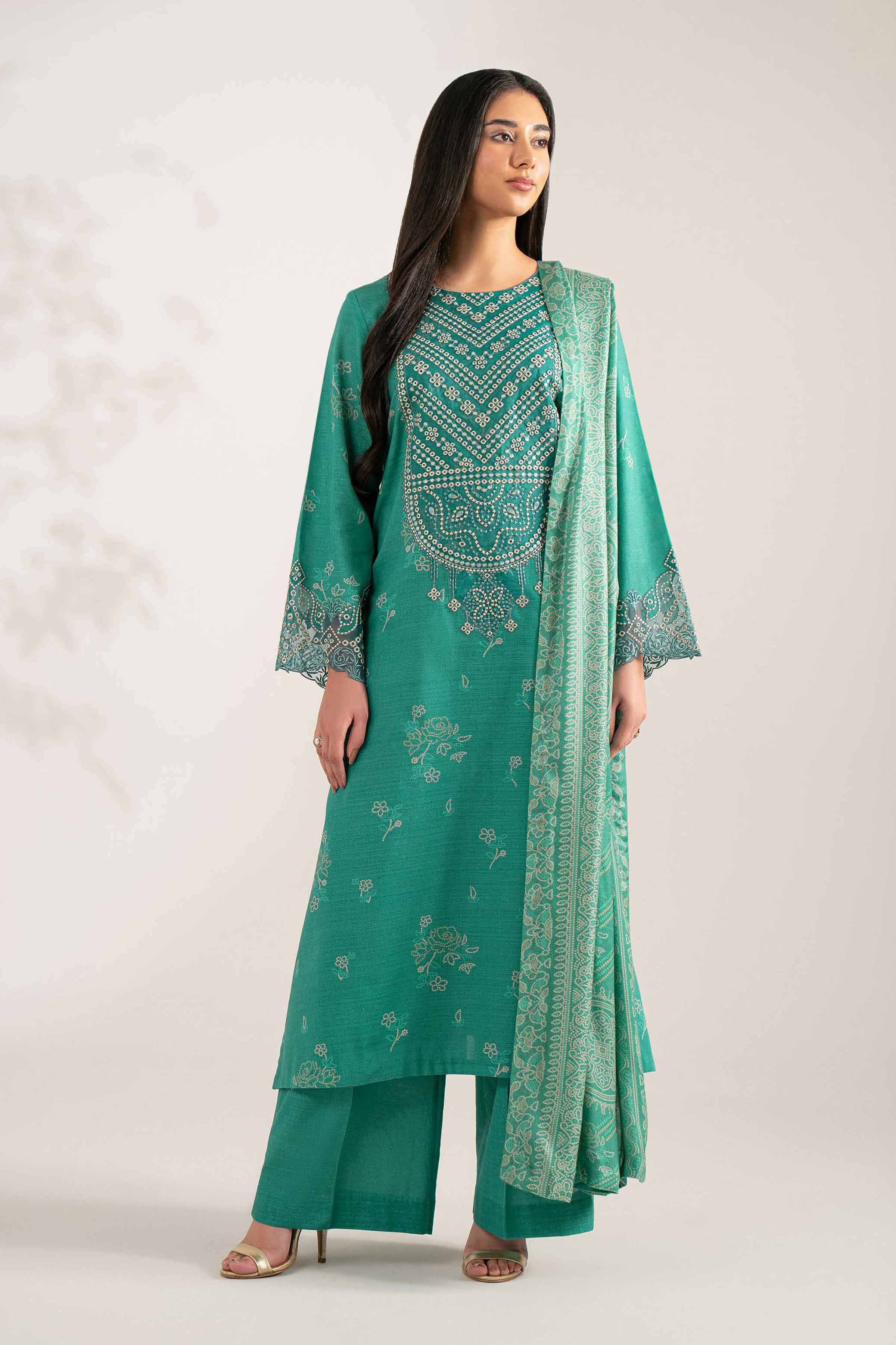 NISHATUAE - Turquoise Embroidered Khaddar 3-piece Unstitched Suit