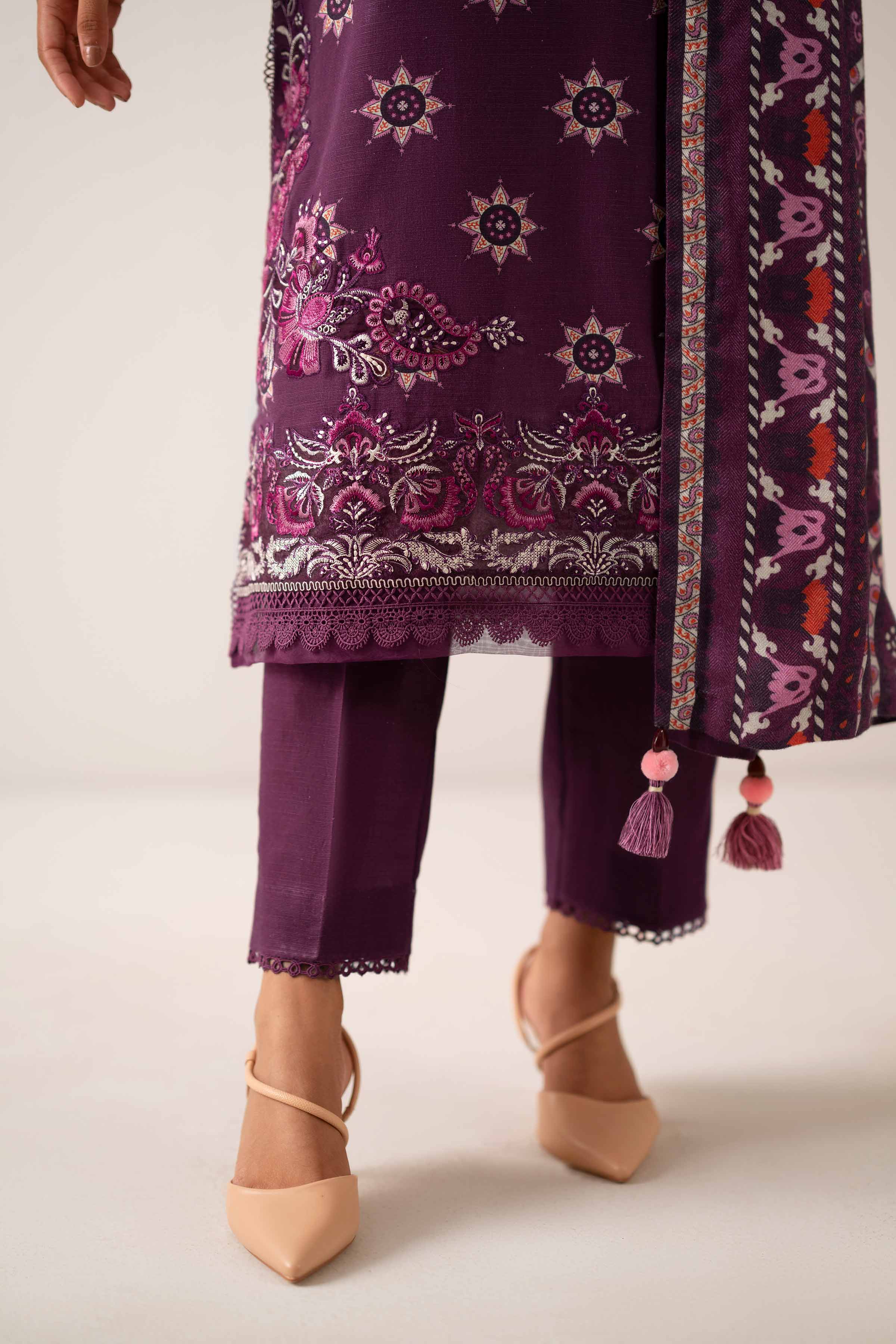 NISHATUAE - Plum Embroidered Khaddar 3-piece Unstitched Suit