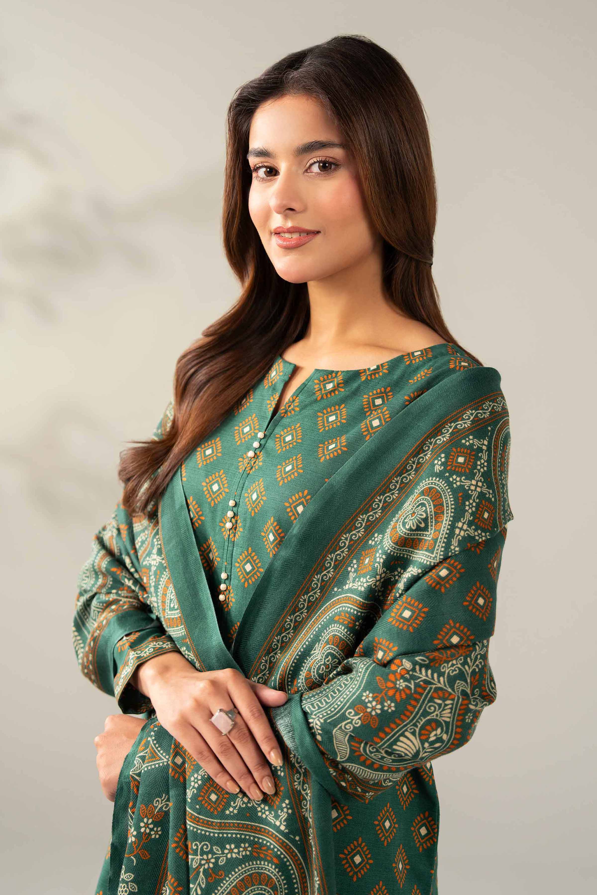NISHATUAE - Green Embroidered Khaddar 3-piece Unstitched Suit