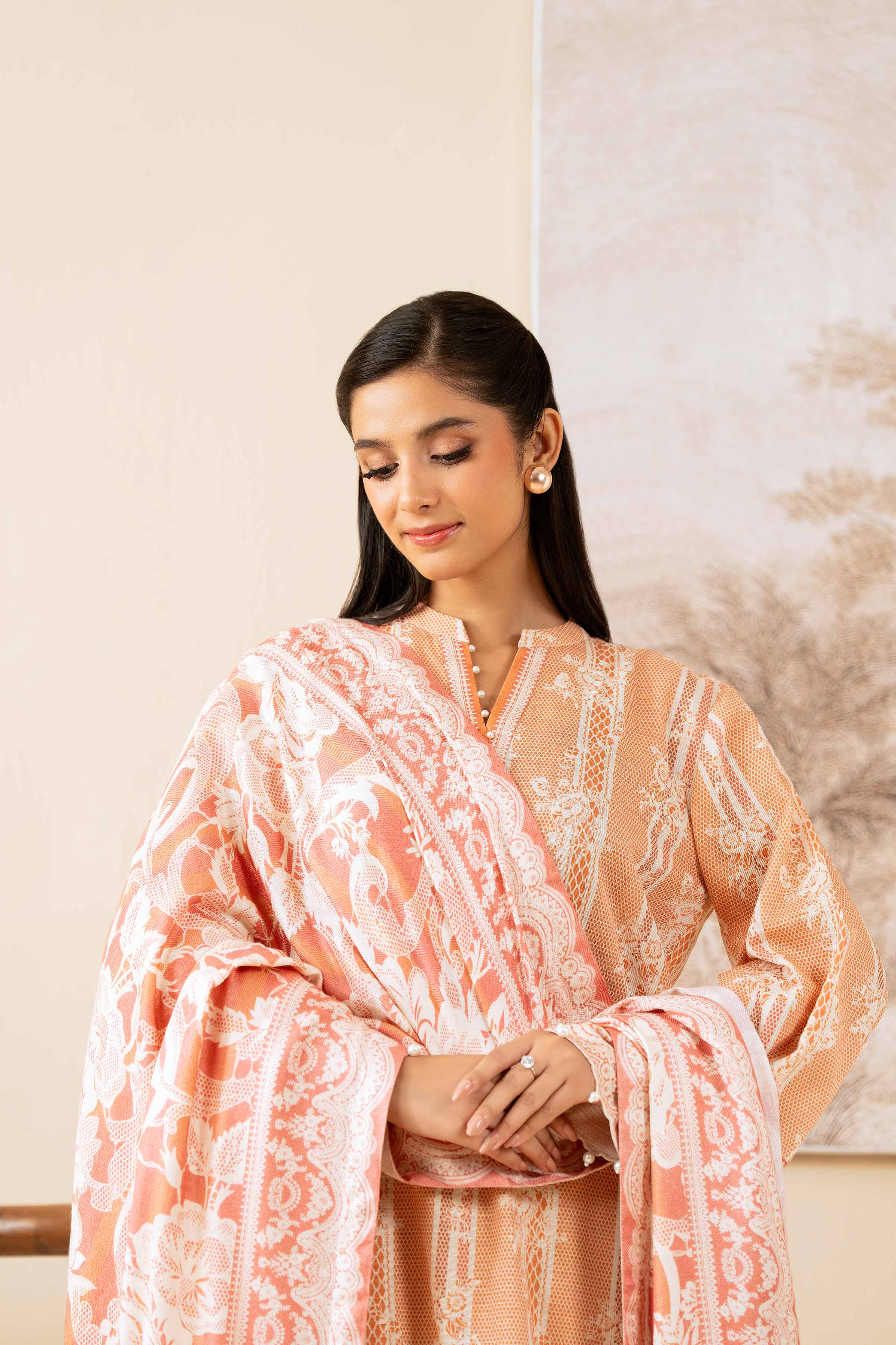 NISHATUAE - Peach Printed Khaddar 3-piece Unstitched Suit