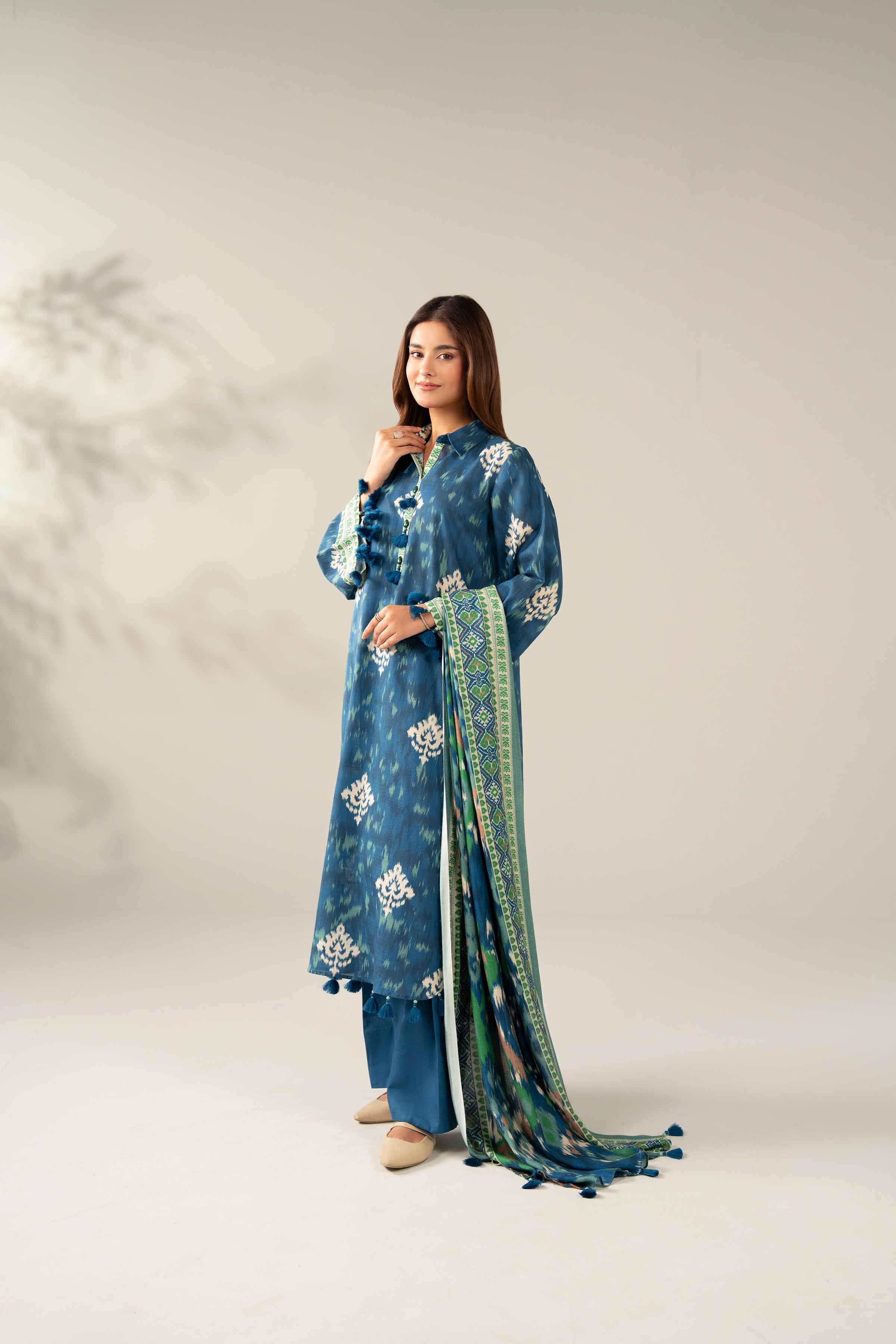 NISHATUAE - Blue Printed Khaddar 3-piece Unstitched Suit