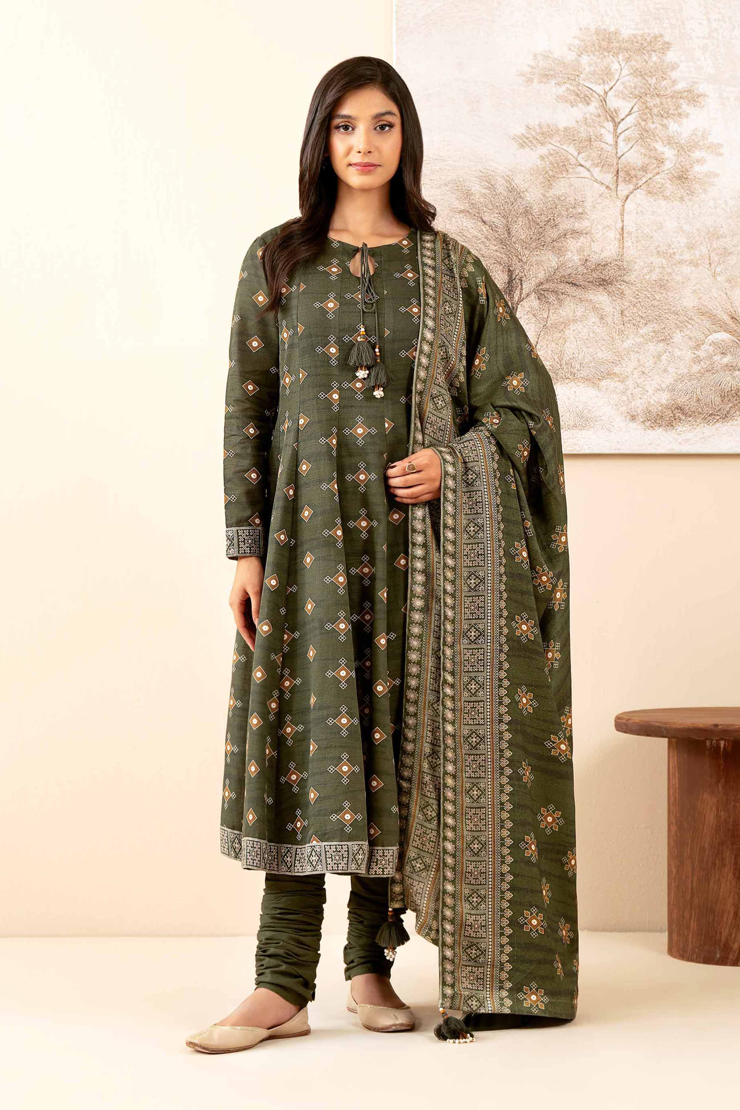 NISHATUAE - Green Printed Khaddar 3-piece Unstitched Suit