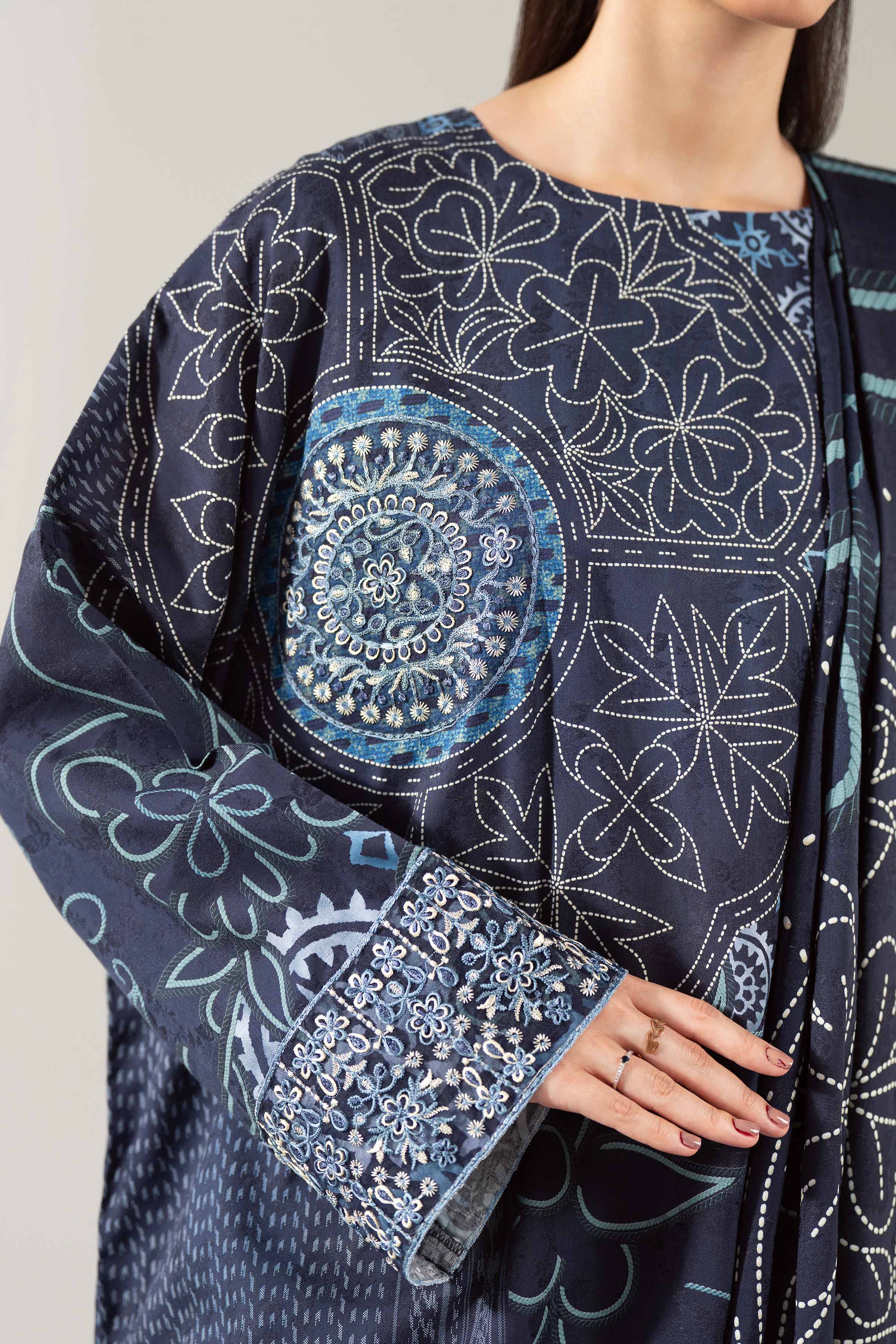 NISHATUAE - Blue Embroidered Jacquard 3-piece Unstitched Suit