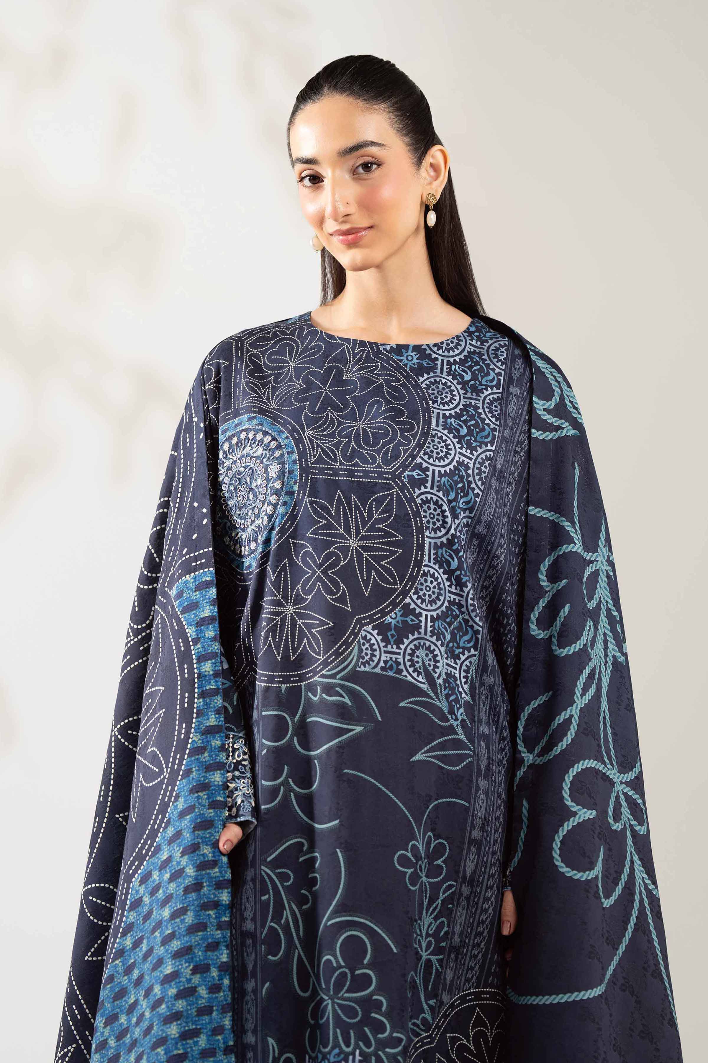 NISHATUAE - Blue Embroidered Jacquard 3-piece Unstitched Suit