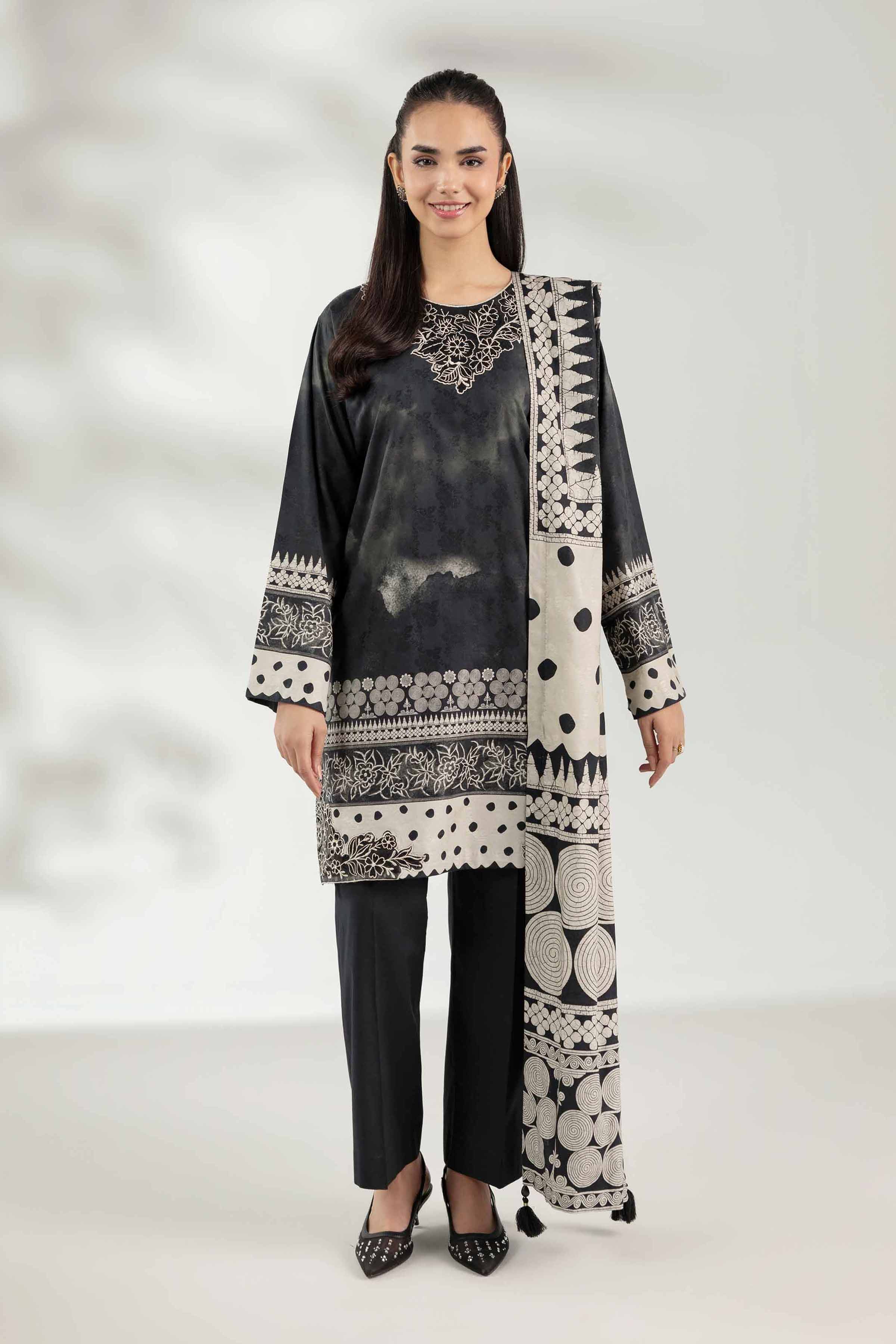 NISHATUAE - Black Embroidered Jacquard 3-piece Unstitched Suit
