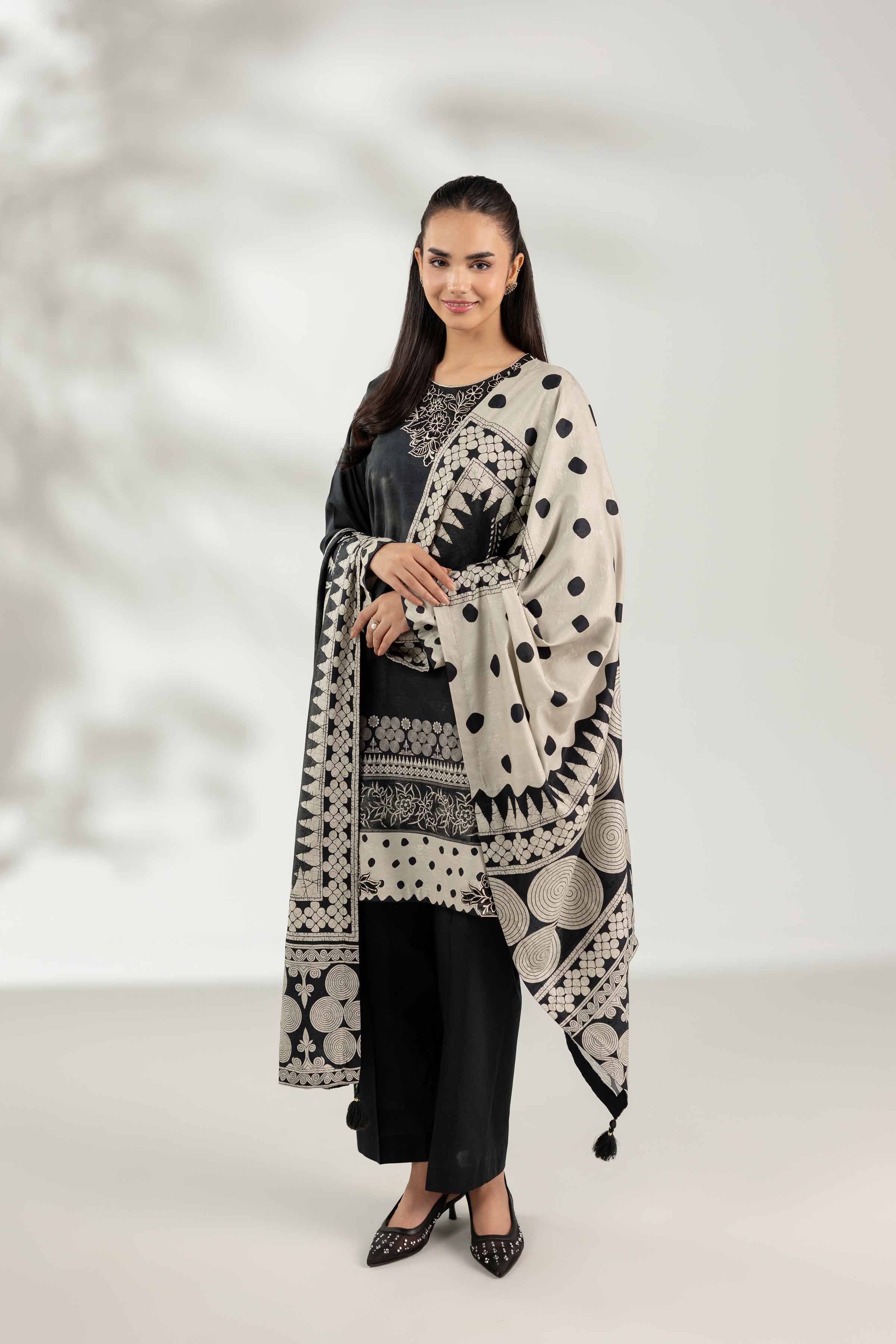 NISHATUAE - Black Embroidered Jacquard 3-piece Unstitched Suit