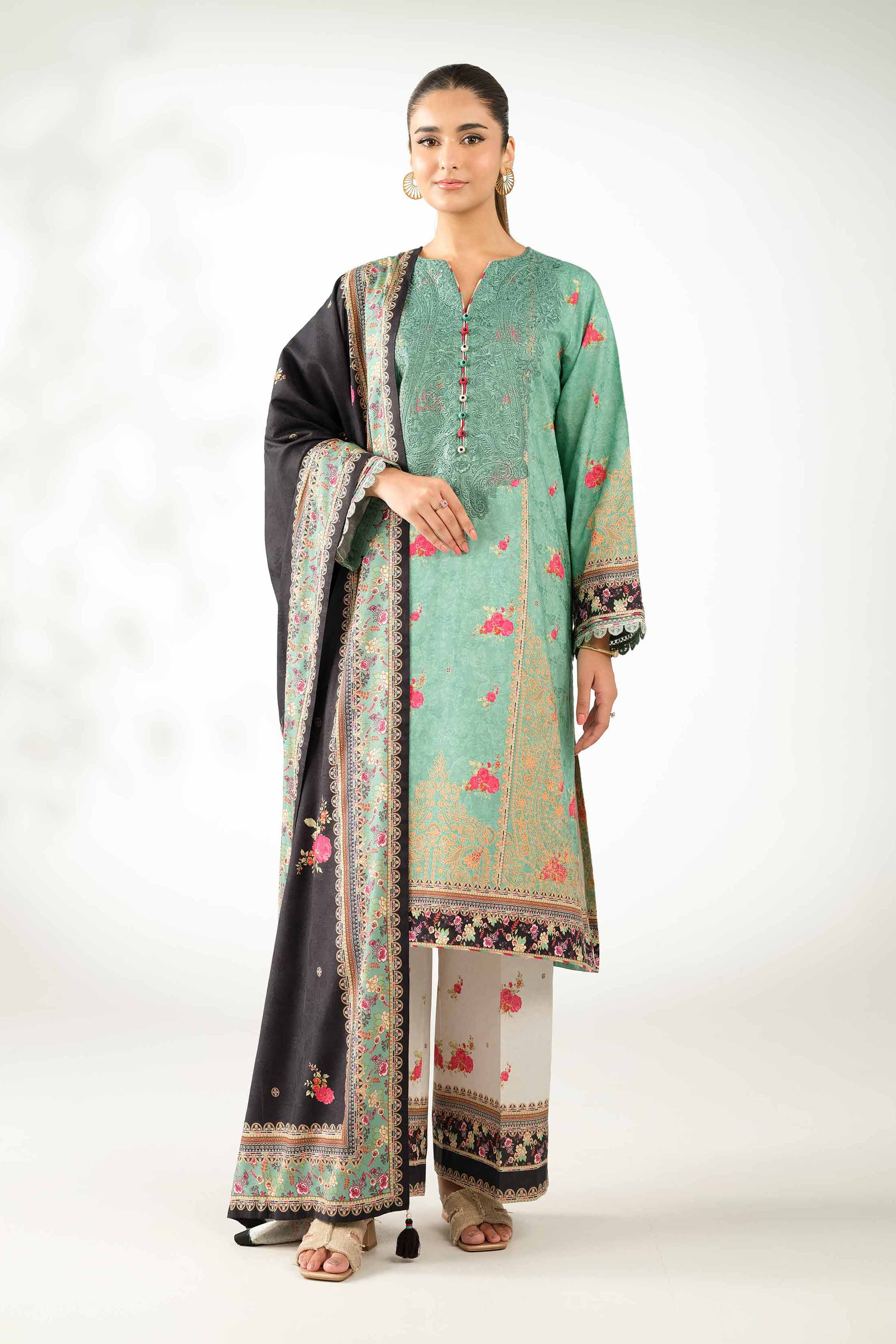 NISHATUAE - Green Embroidered Jacquard 3-piece Unstitched Suit