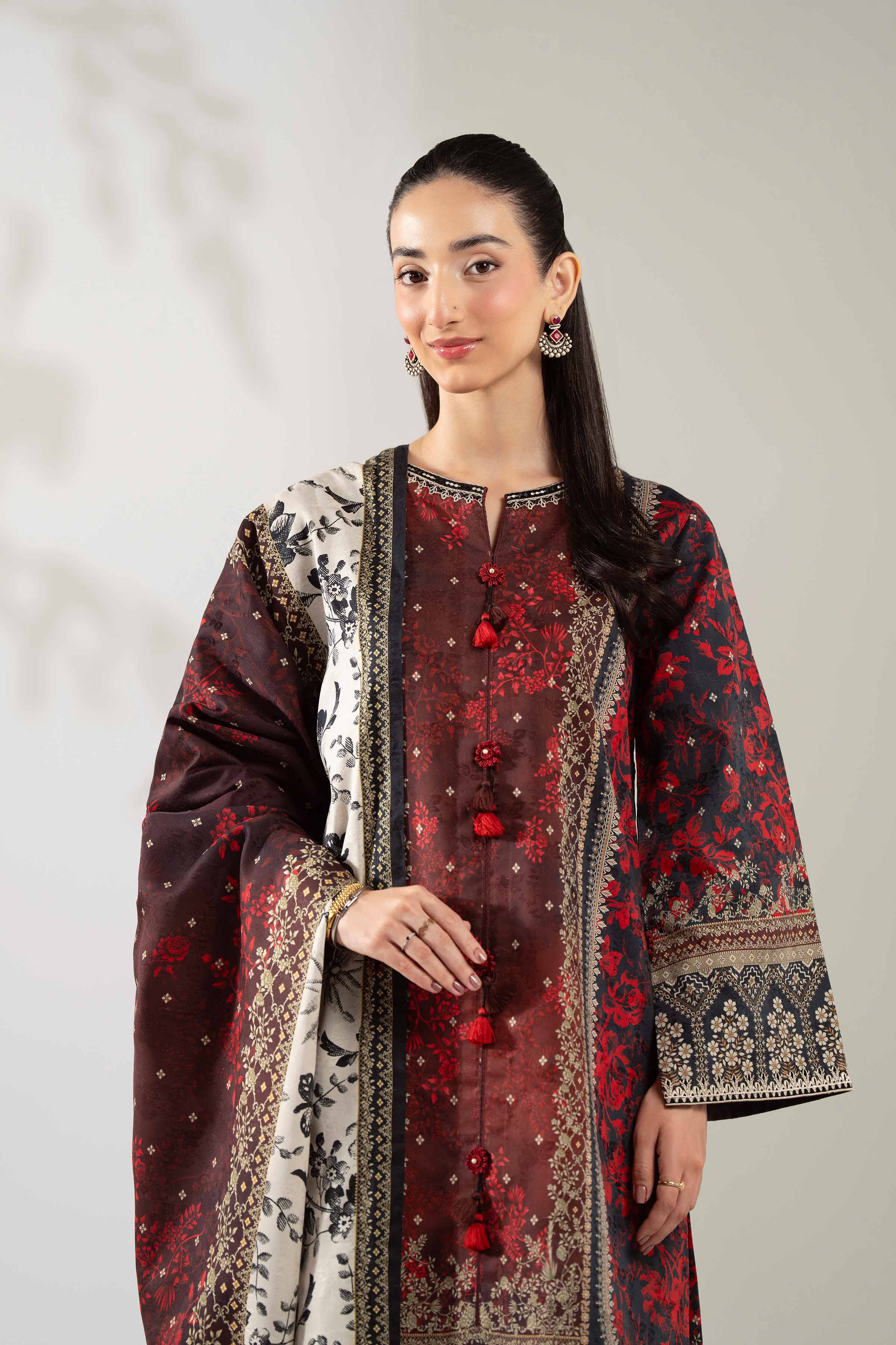 NISHATUAE - Maroon Embroidered Jacquard 3-piece Unstitched Suit