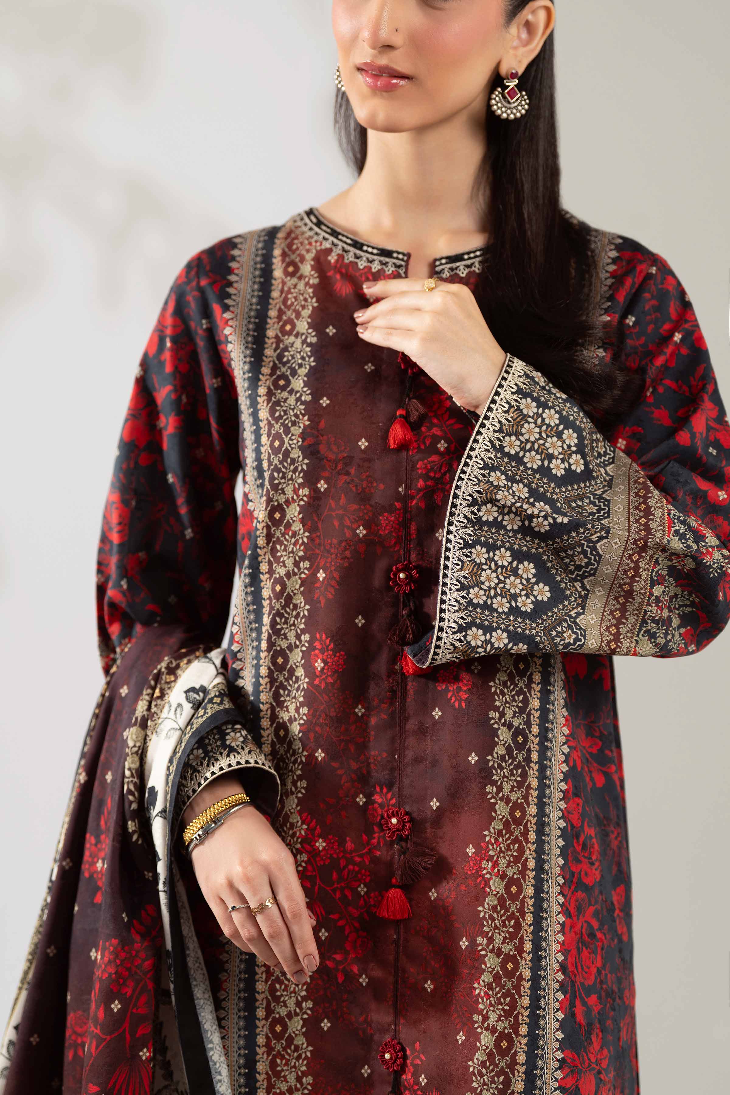 NISHATUAE - Maroon Embroidered Jacquard 3-piece Unstitched Suit