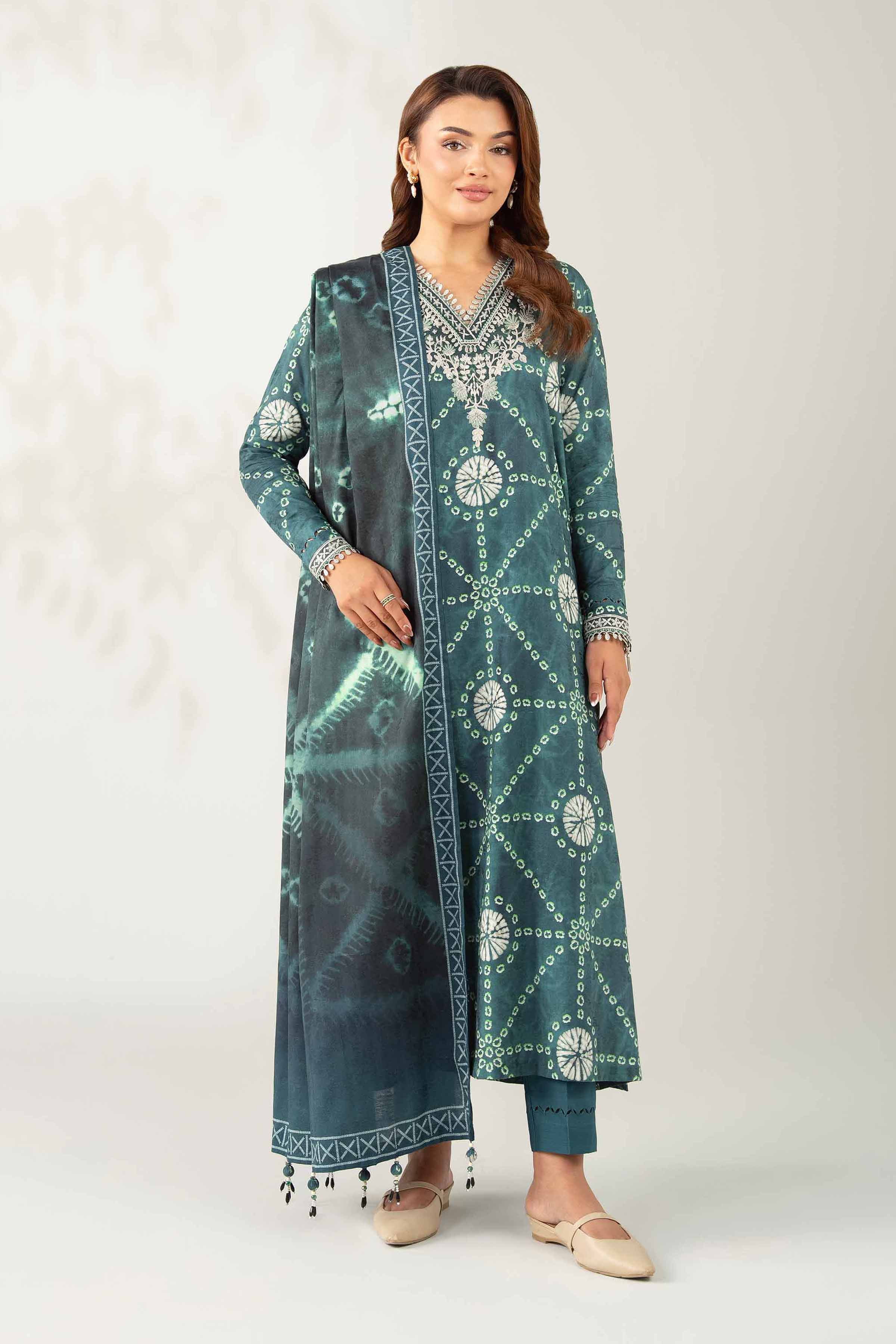 NISHATUAE - Green Embroidered Jacquard 3-piece Unstitched Suit