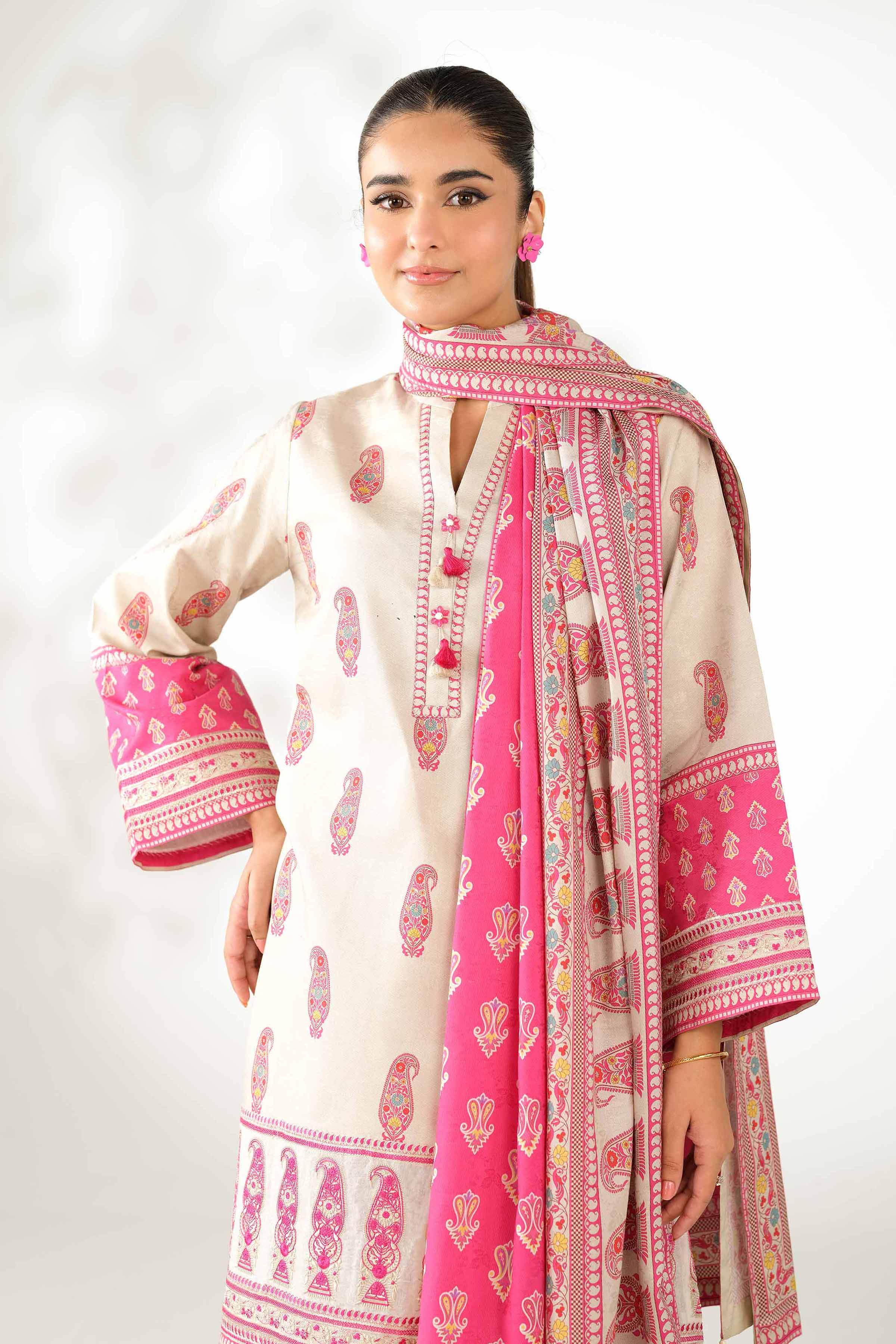 NISHATUAE - Beige Embroidered Jacquard 3-piece Unstitched Suit