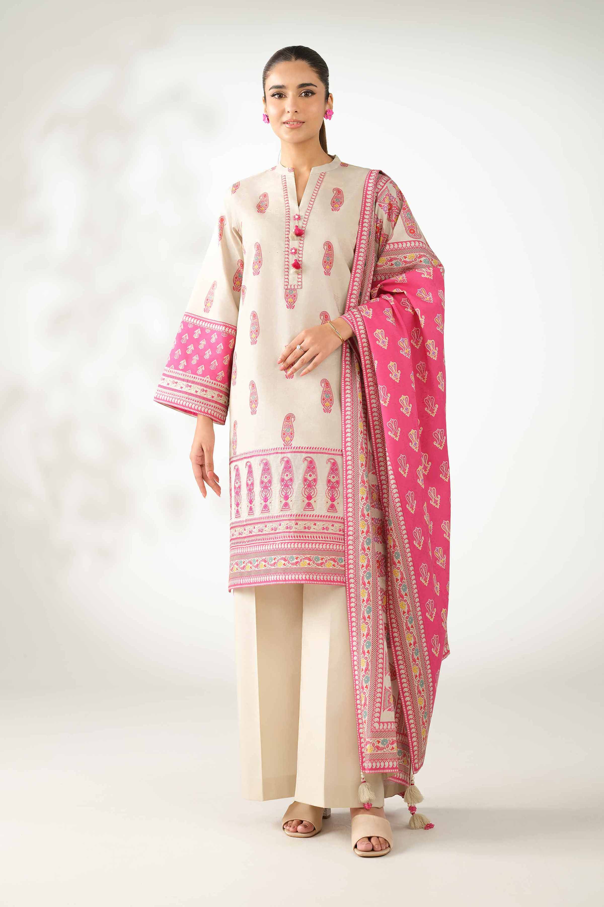 NISHATUAE - Beige Embroidered Jacquard 3-piece Unstitched Suit
