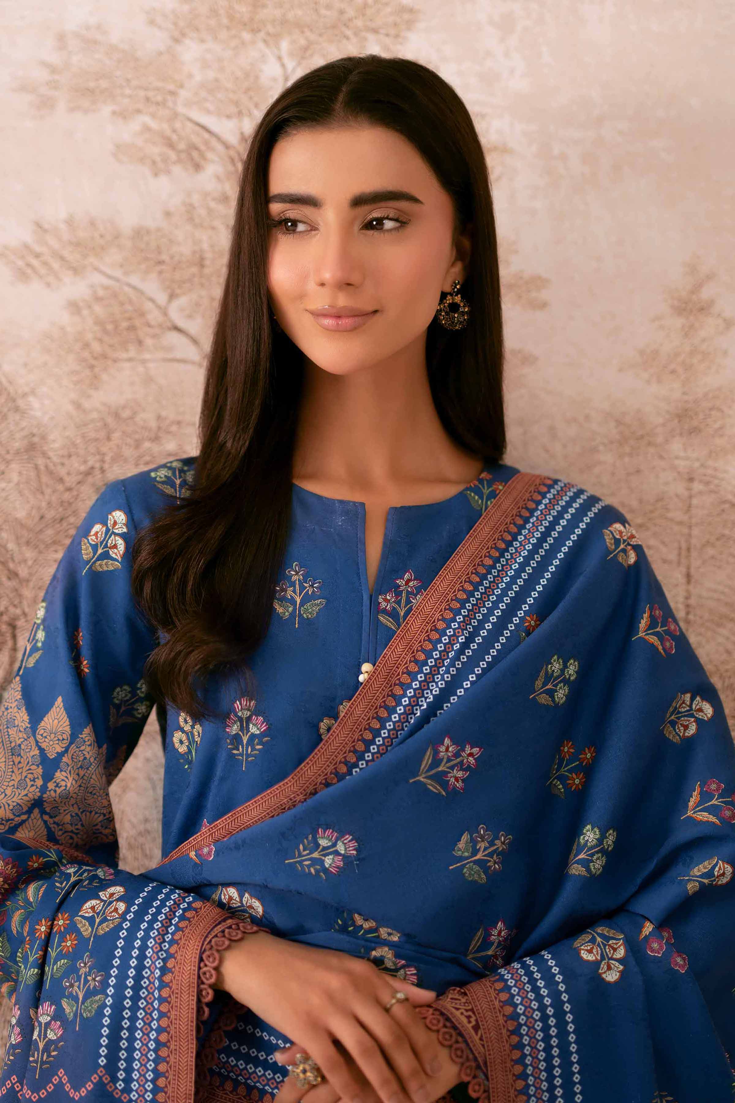 NISHATUAE - Blue Printed Jacquard 3-piece Unstitched Suit