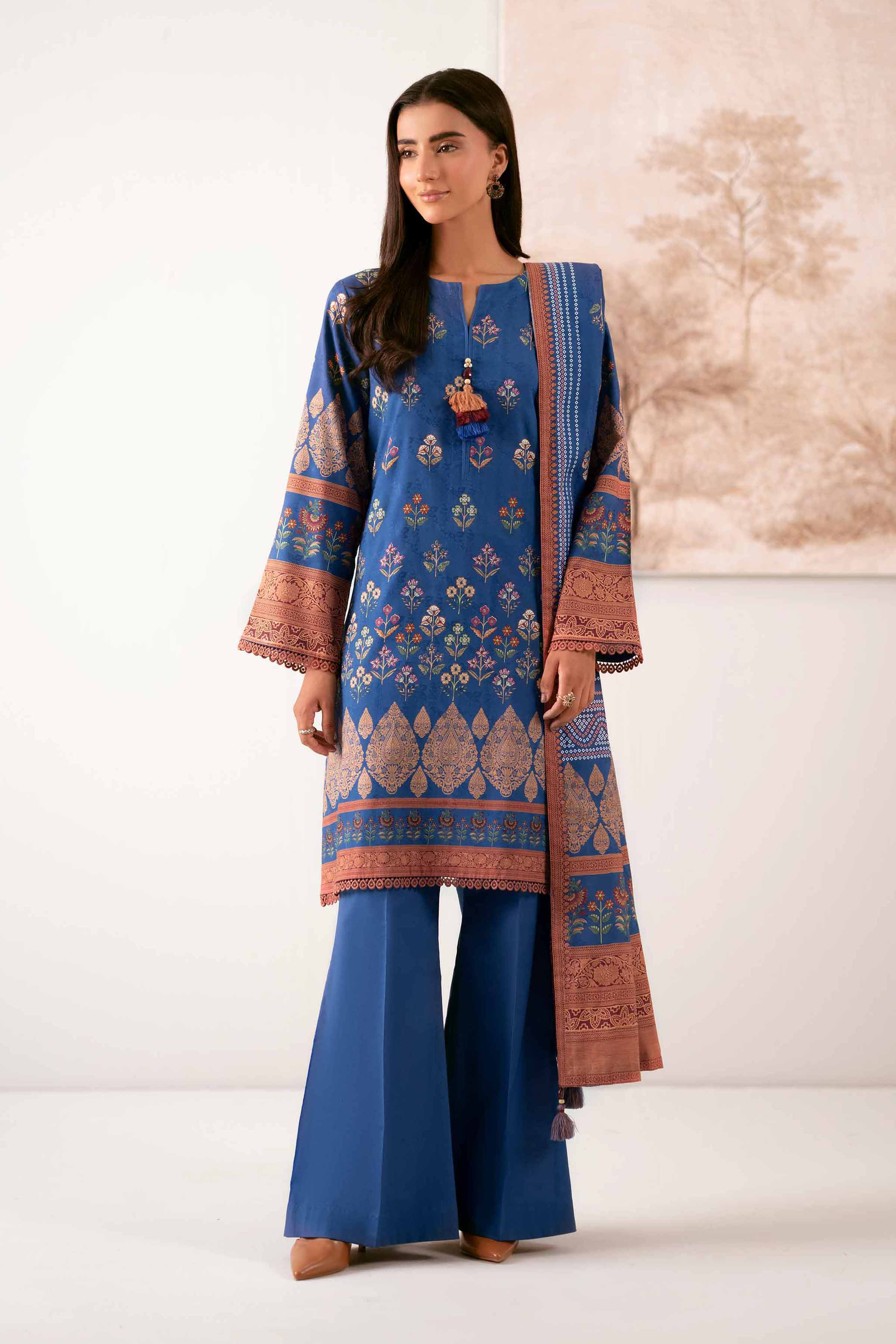 NISHATUAE - Blue Printed Jacquard 3-piece Unstitched Suit