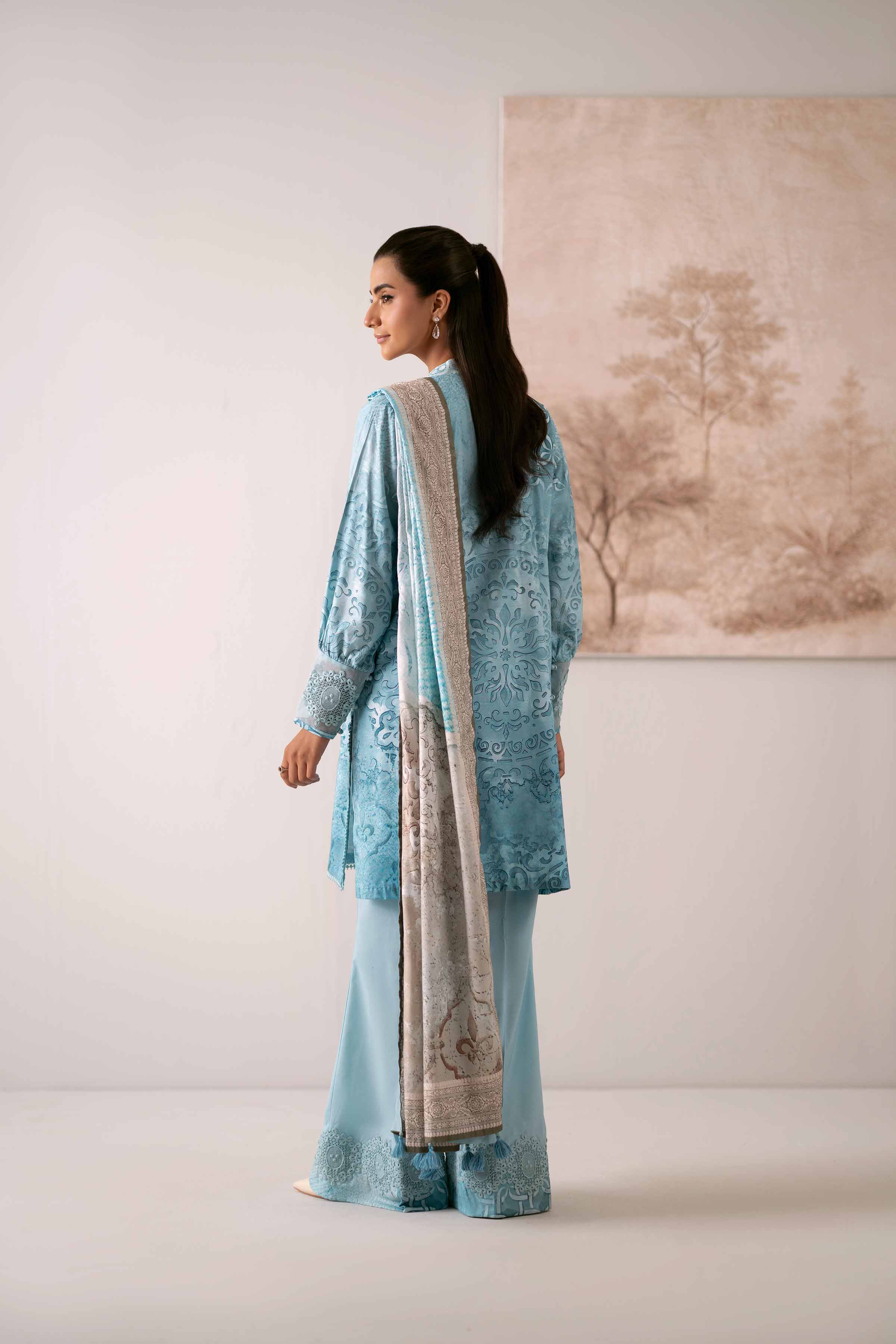 NISHATUAE - Blue Printed Jacquard 3-piece Unstitched Suit