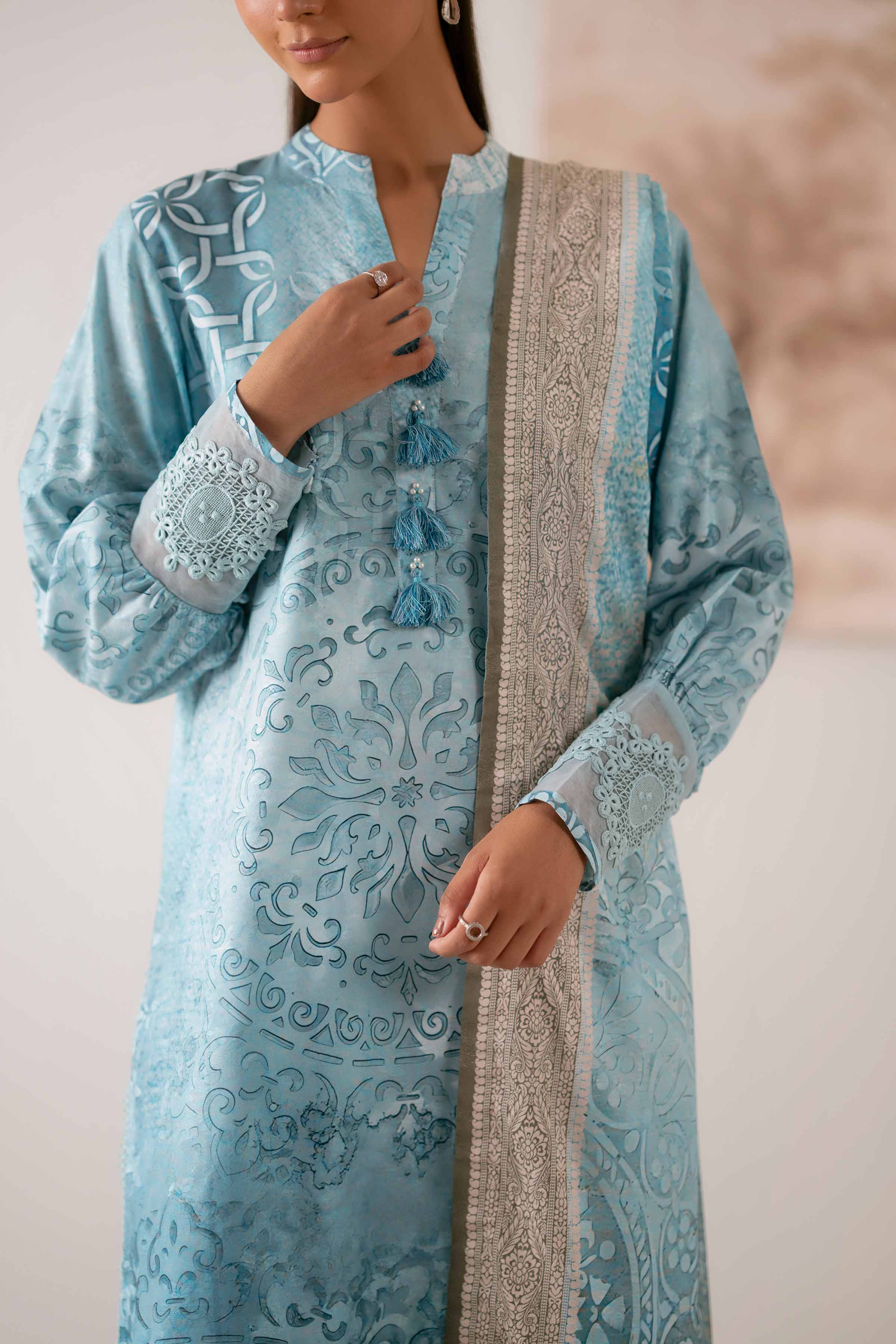 NISHATUAE - Blue Printed Jacquard 3-piece Unstitched Suit