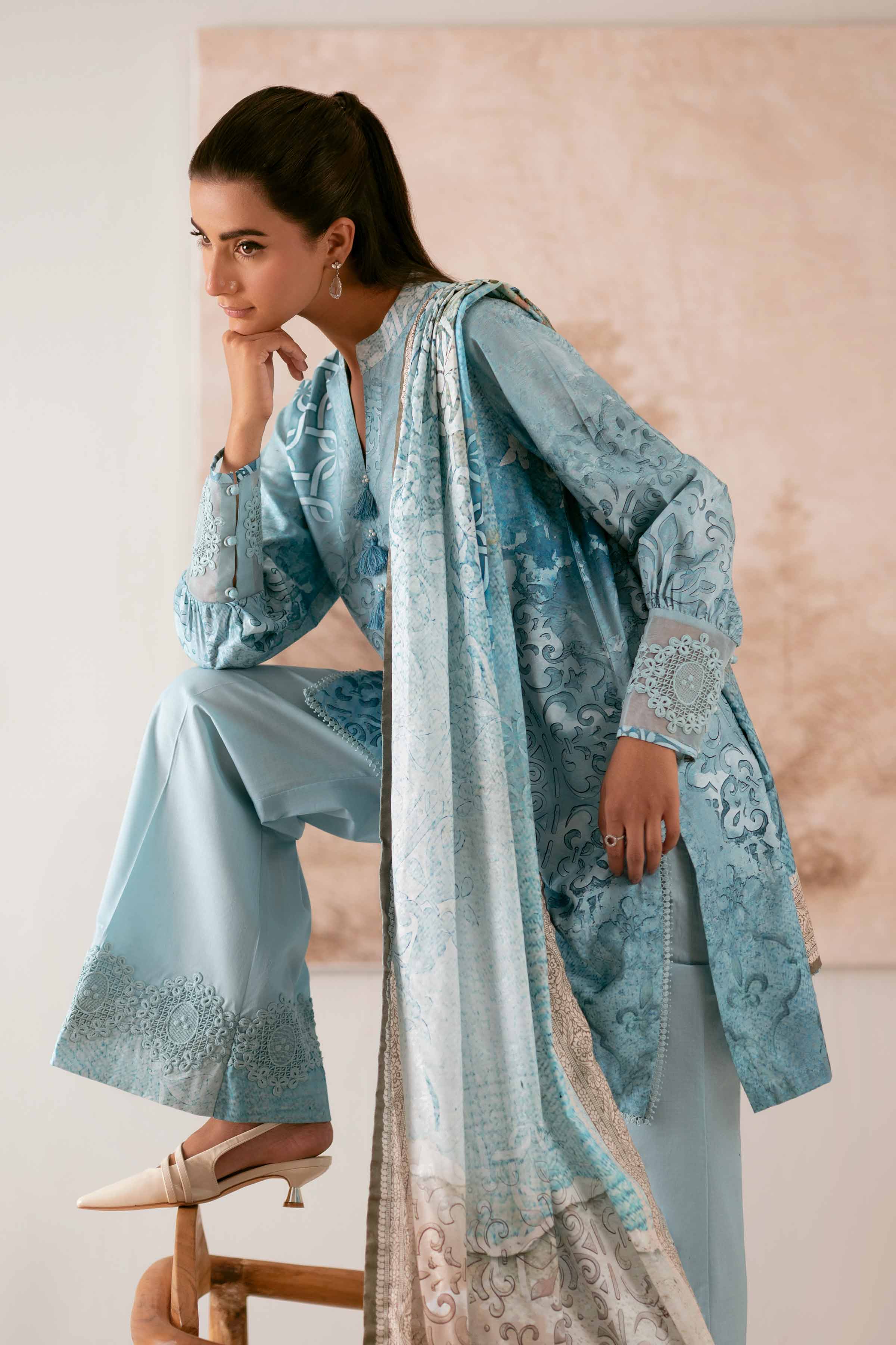 NISHATUAE - Blue Printed Jacquard 3-piece Unstitched Suit