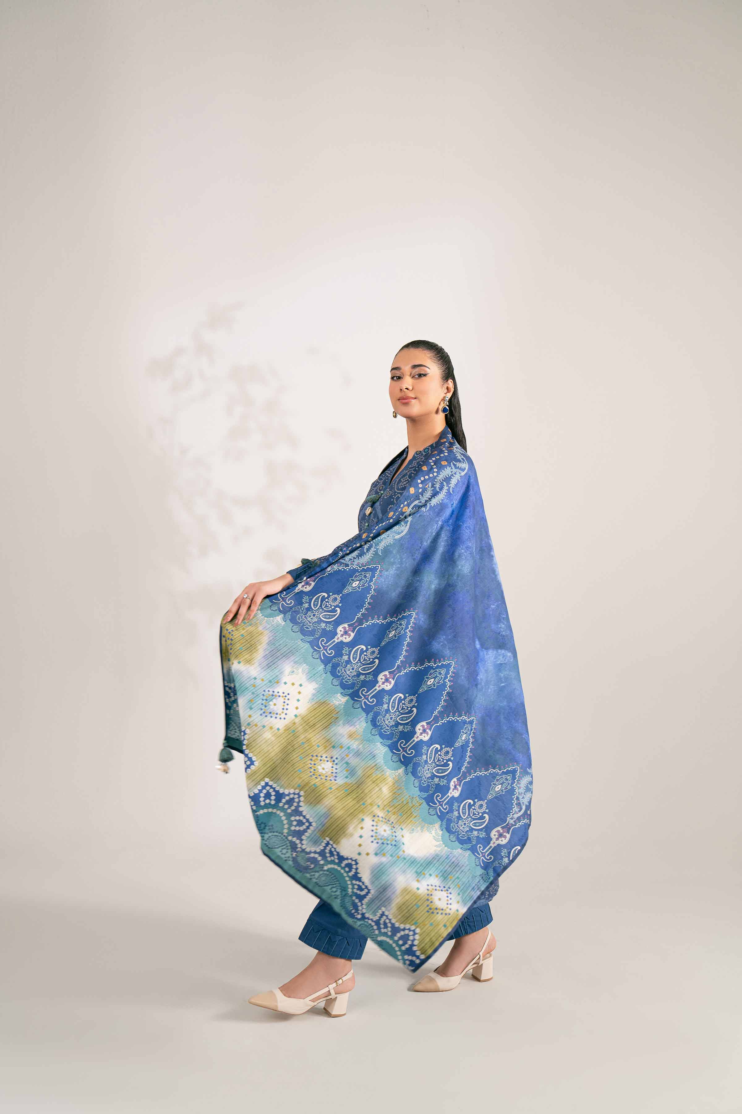 NISHATUAE - Blue Printed Jacquard 3-piece Unstitched Suit