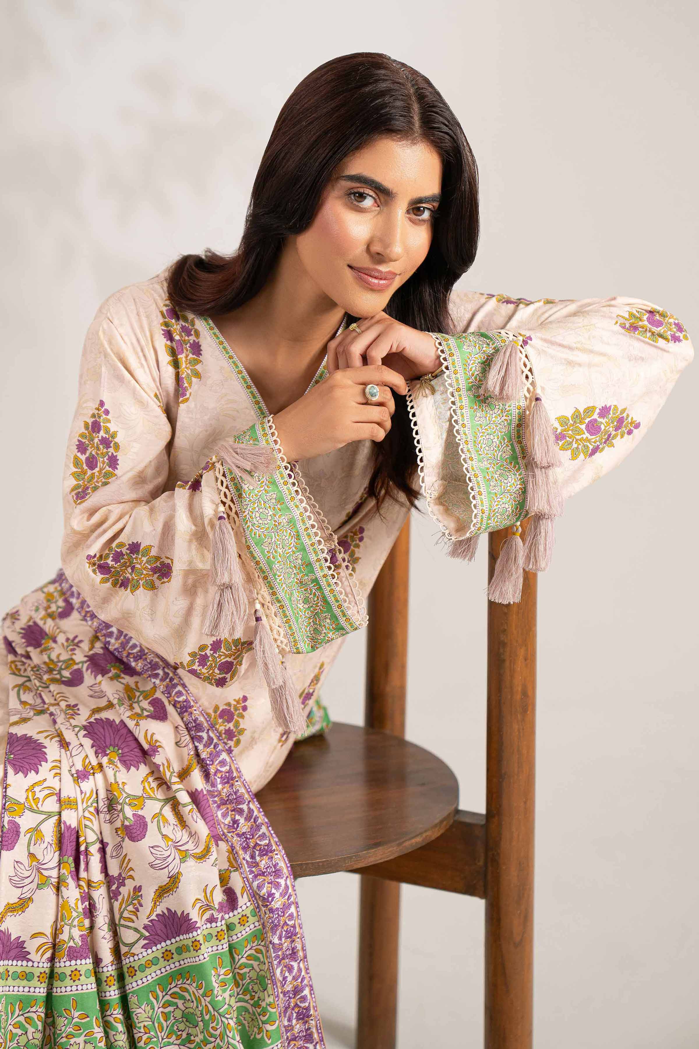 NISHATUAE - Beige Printed Jacquard 3-piece Unstitched Suit
