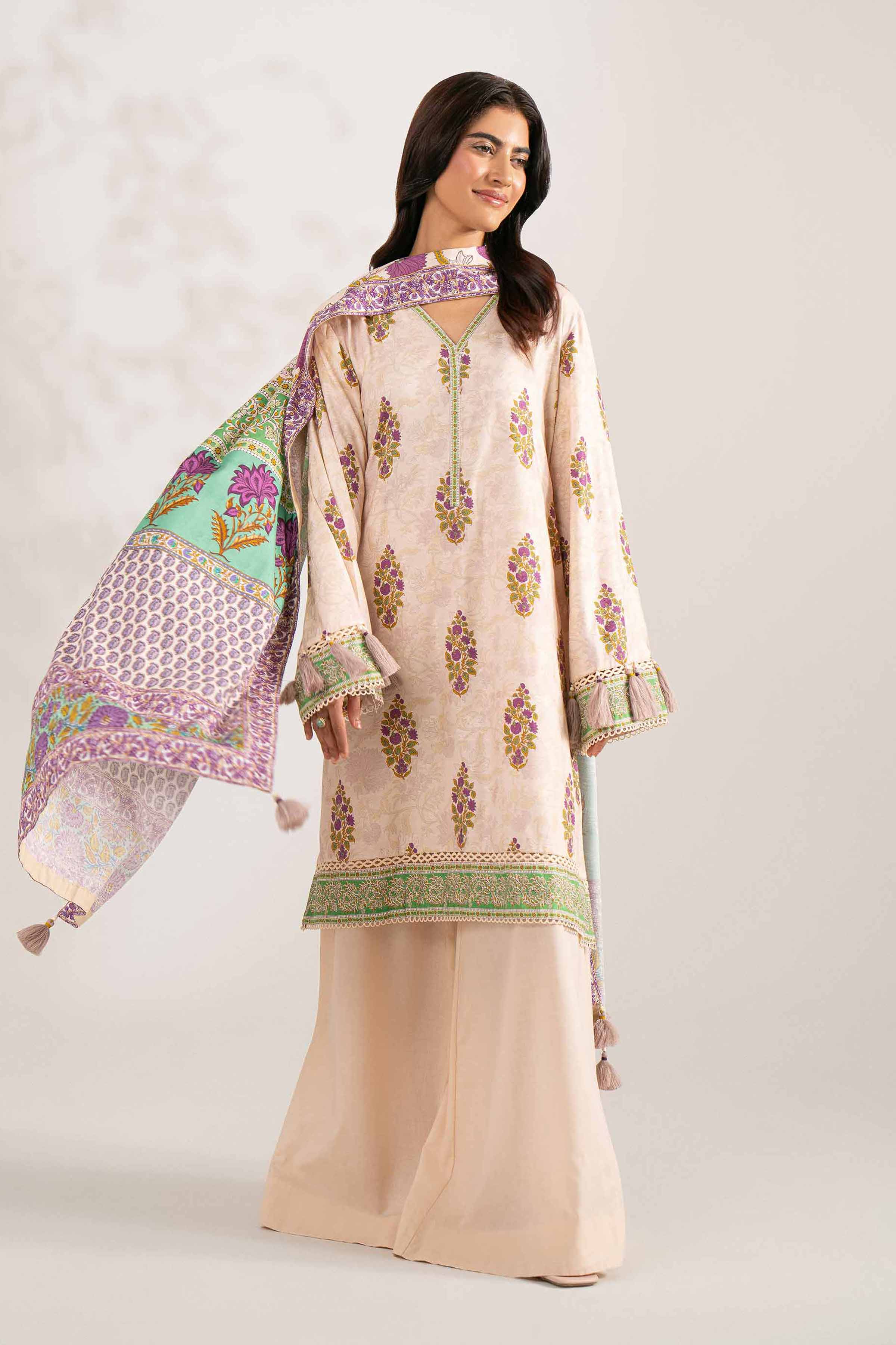 NISHATUAE - Beige Printed Jacquard 3-piece Unstitched Suit