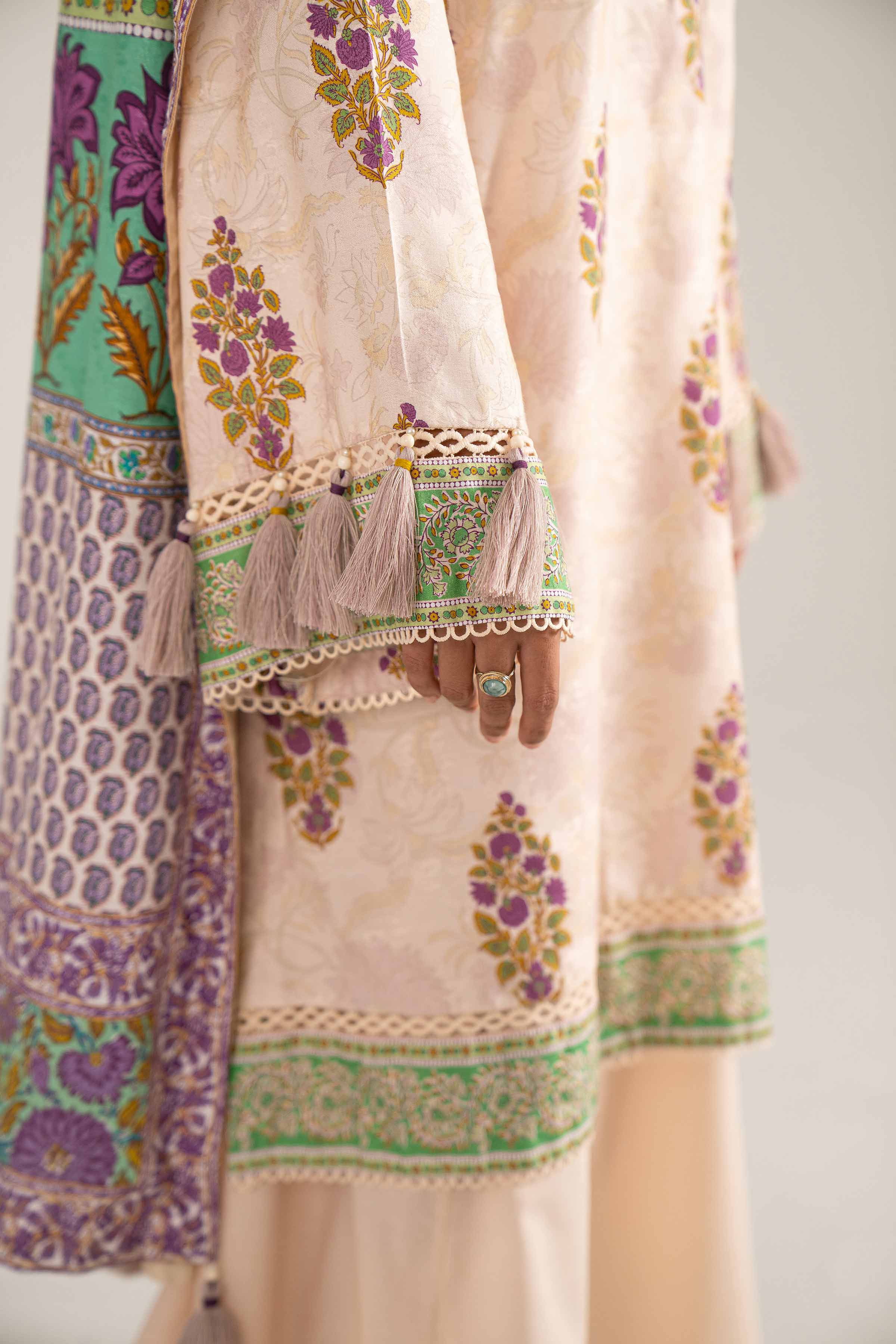NISHATUAE - Beige Printed Jacquard 3-piece Unstitched Suit