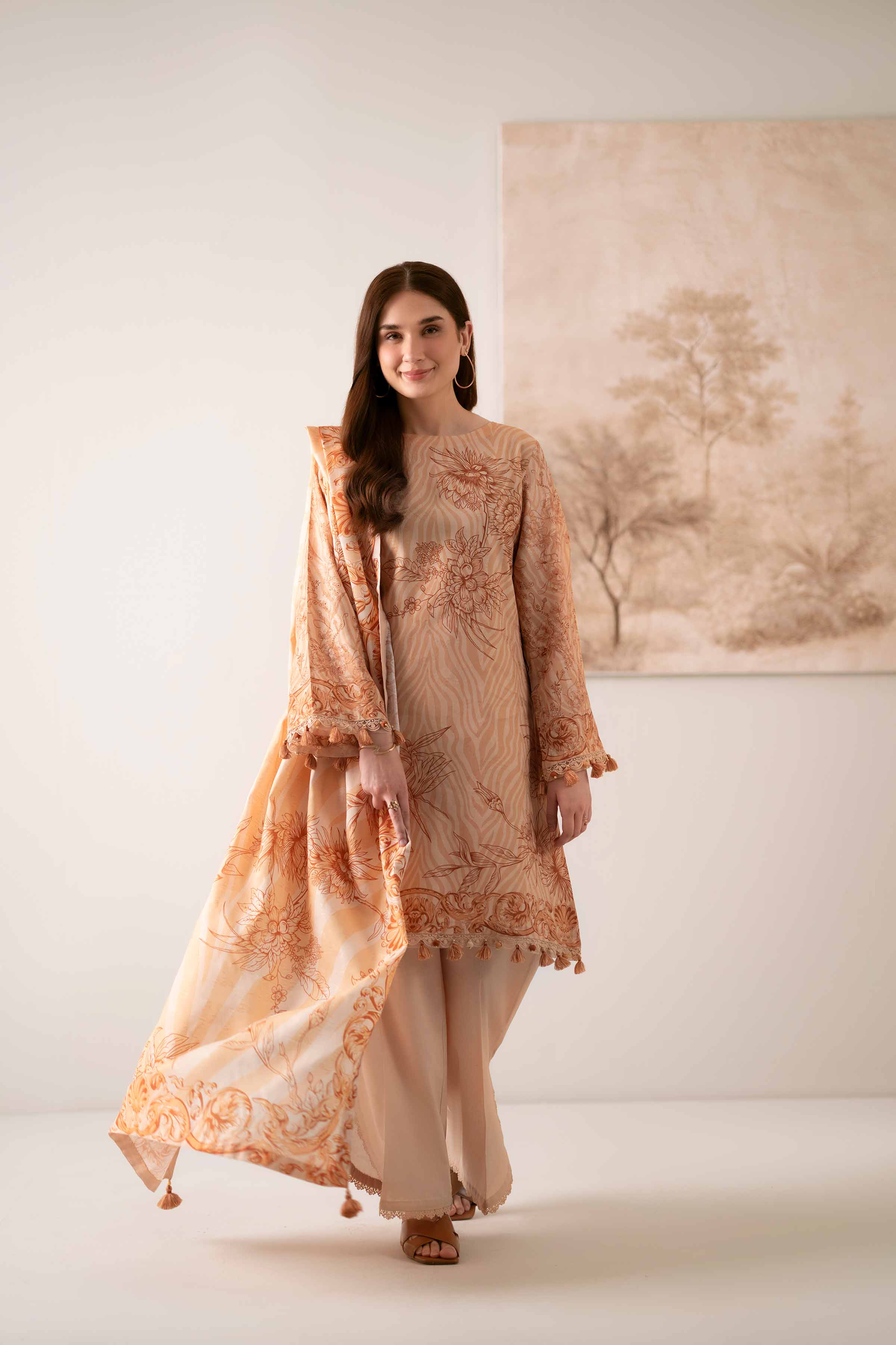 NISHATUAE - Peach Printed Jacquard 3-piece Unstitched Suit