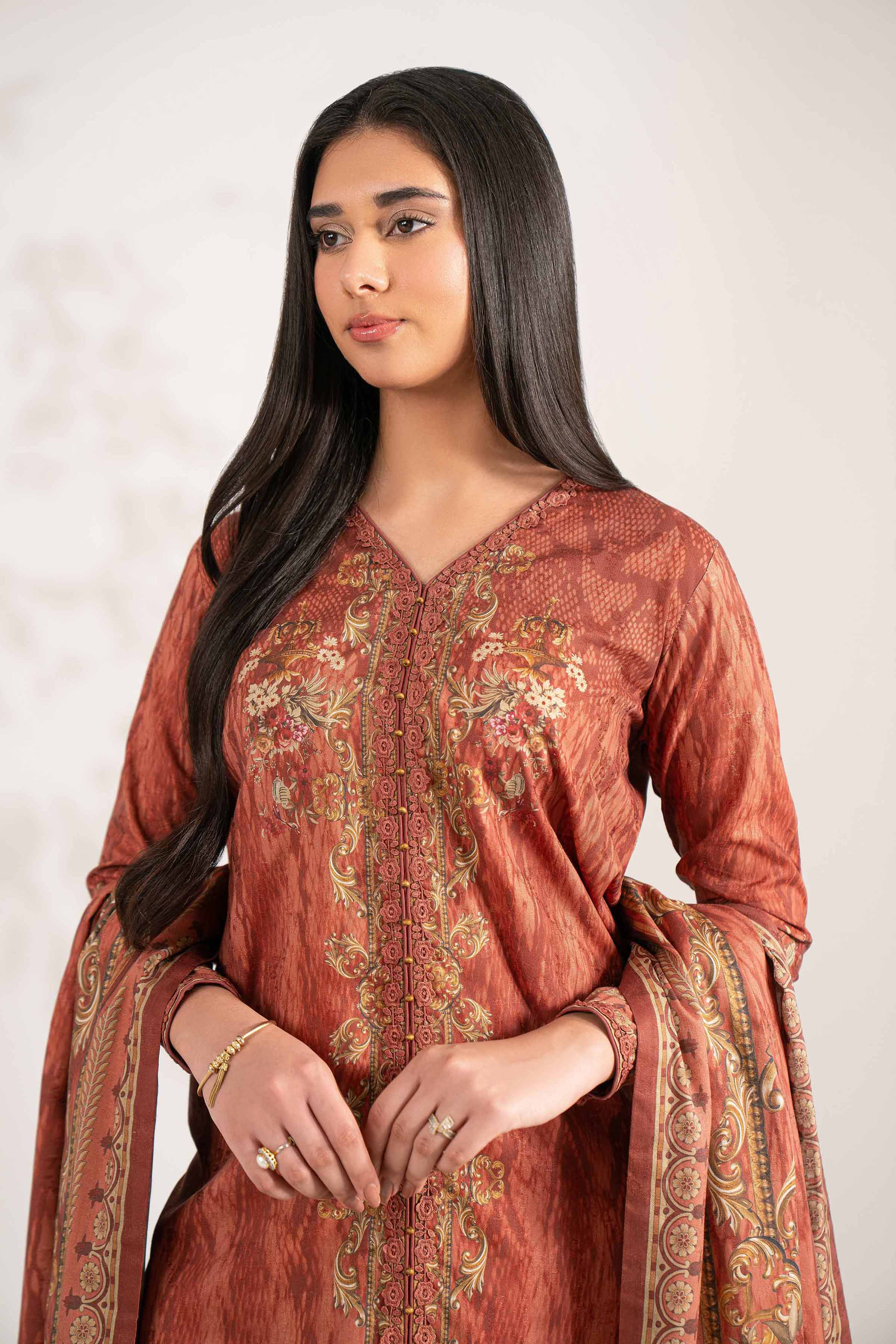 NISHATUAE - Brown Printed Jacquard 3-piece Unstitched Suit