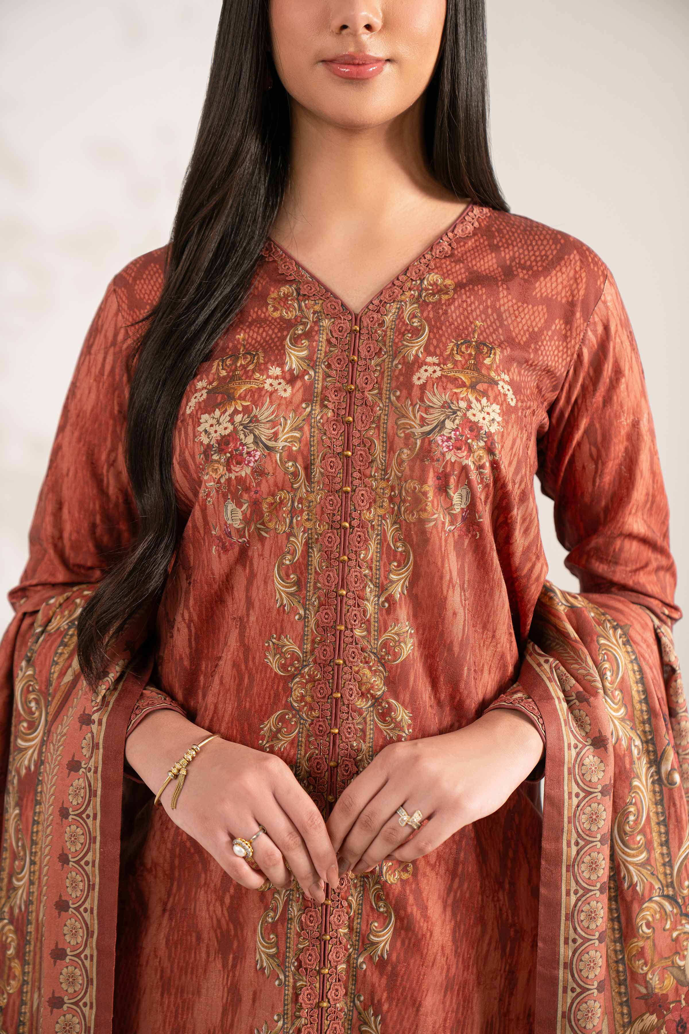 NISHATUAE - Brown Printed Jacquard 3-piece Unstitched Suit