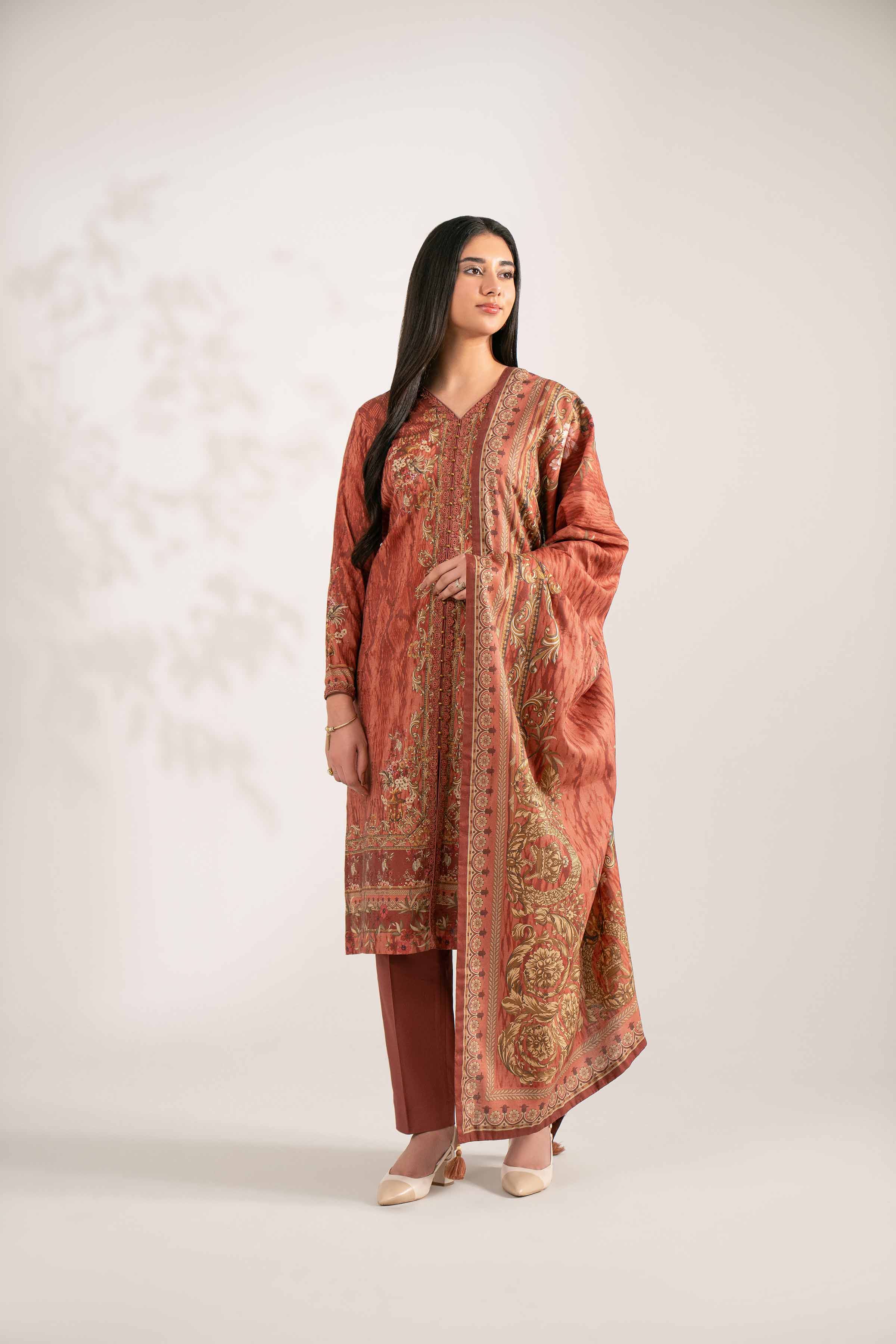 NISHATUAE - Brown Printed Jacquard 3-piece Unstitched Suit