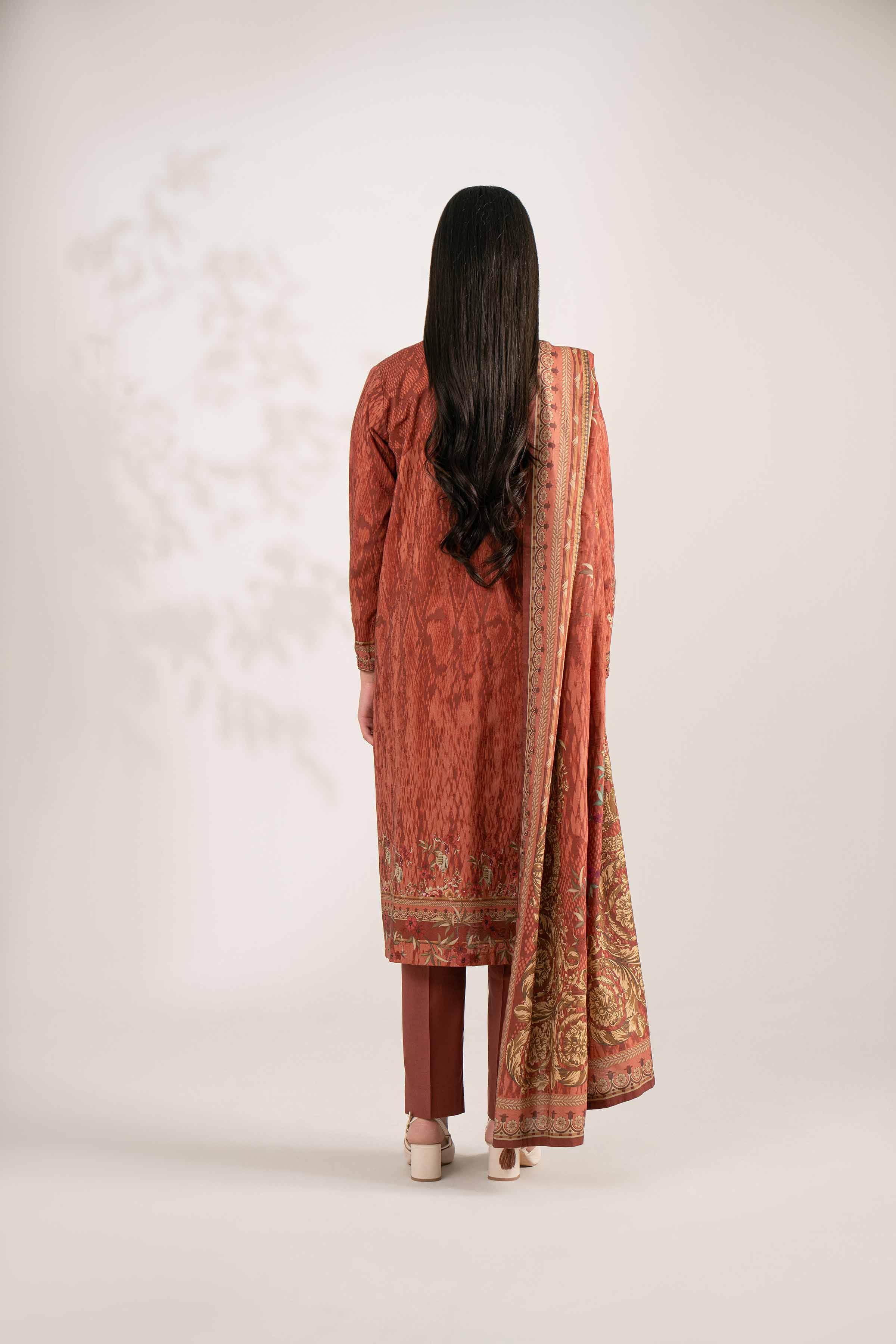 NISHATUAE - Brown Printed Jacquard 3-piece Unstitched Suit