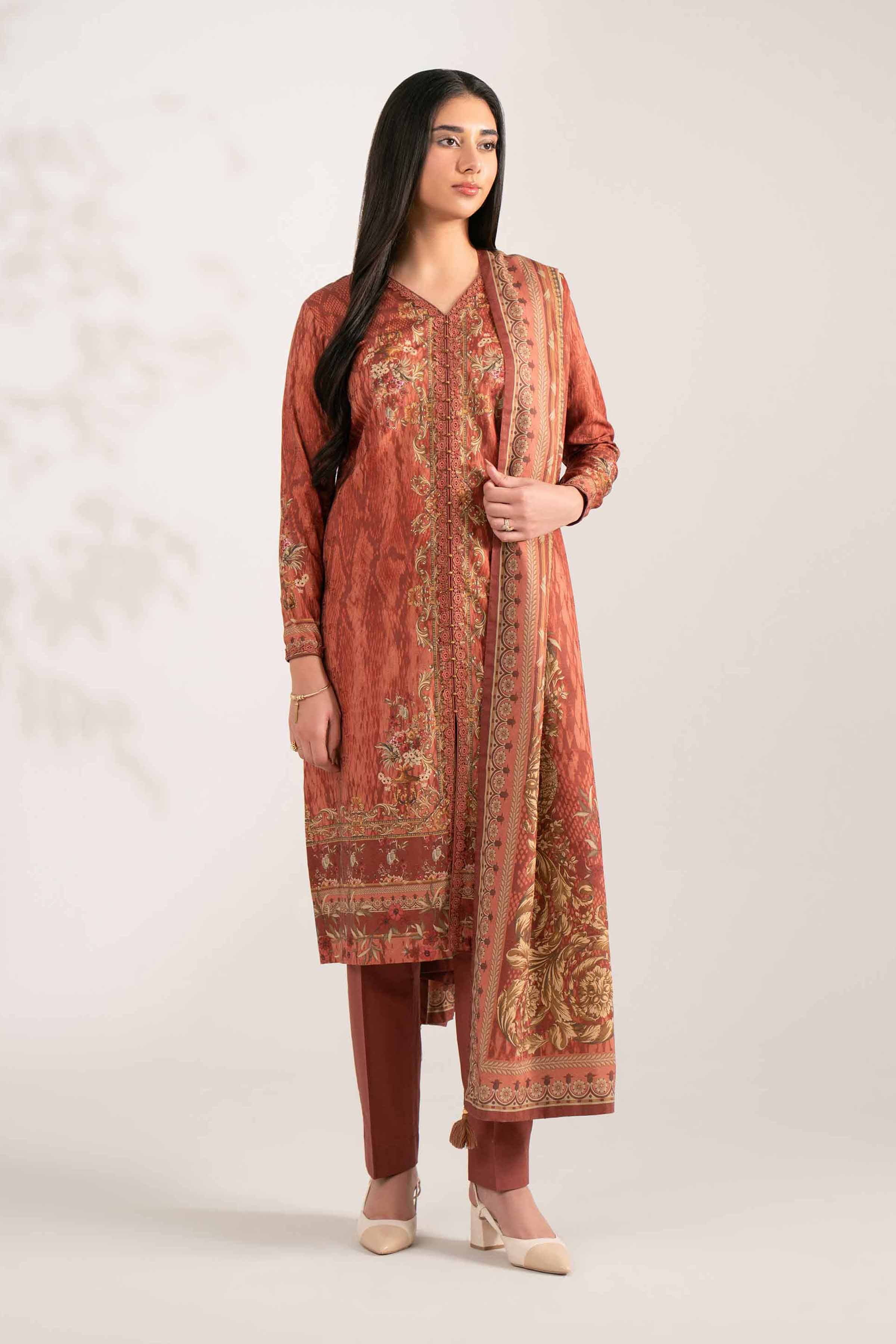 NISHATUAE - Brown Printed Jacquard 3-piece Unstitched Suit
