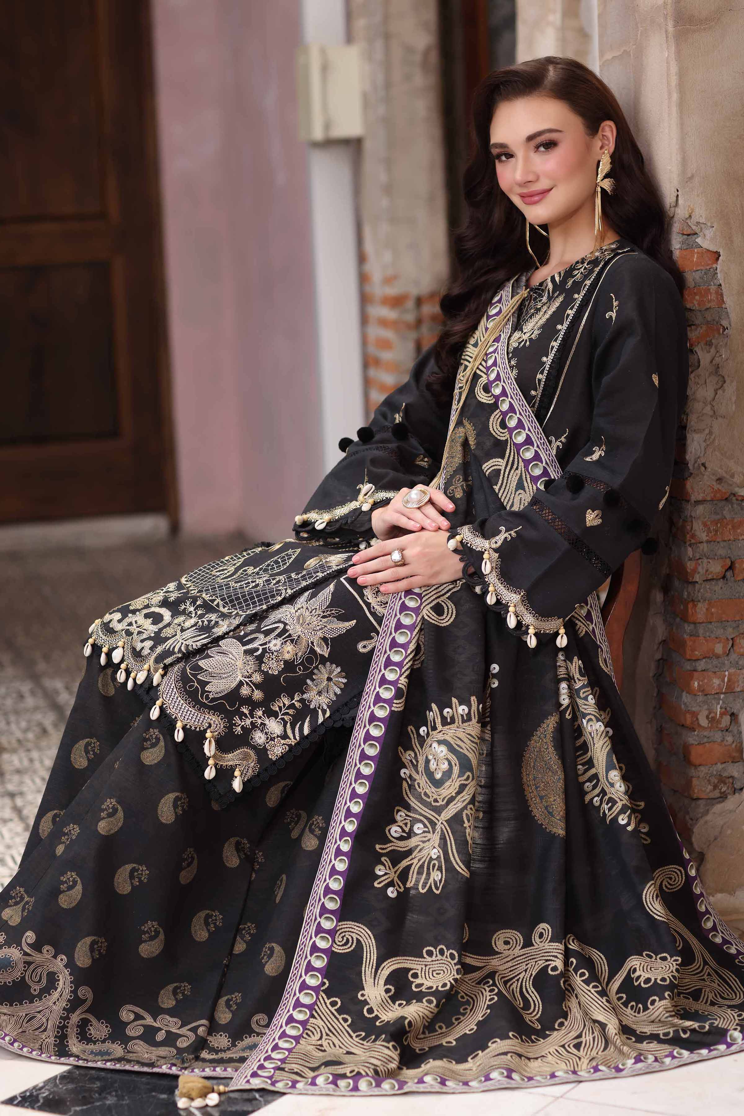 NISHATUAE - Black Embroidered Khaddar 3-piece Unstitched Suit