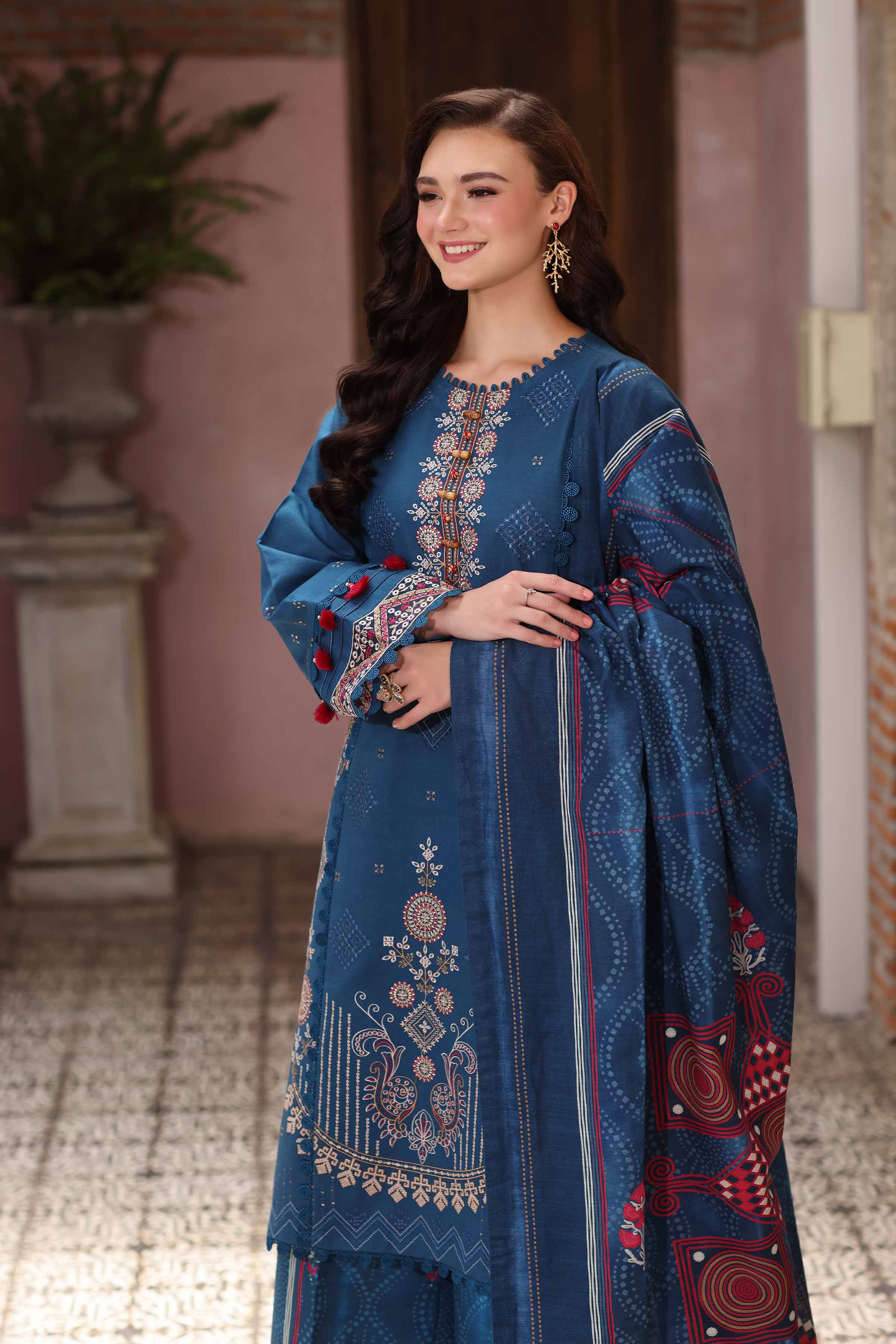 NISHATUAE - Blue Embroidered Khaddar 3-piece Unstitched Suit