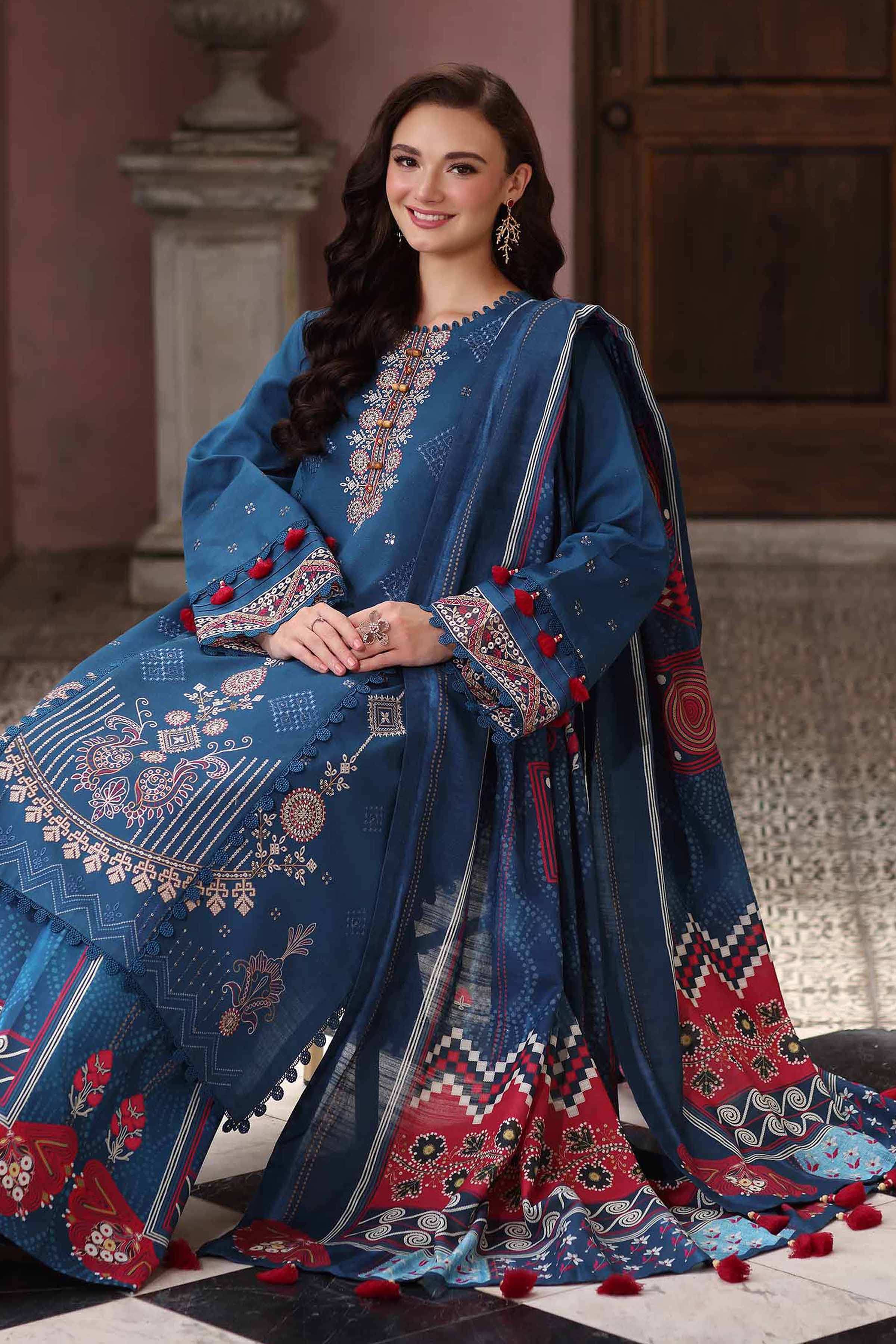 NISHATUAE - Blue Embroidered Khaddar 3-piece Unstitched Suit