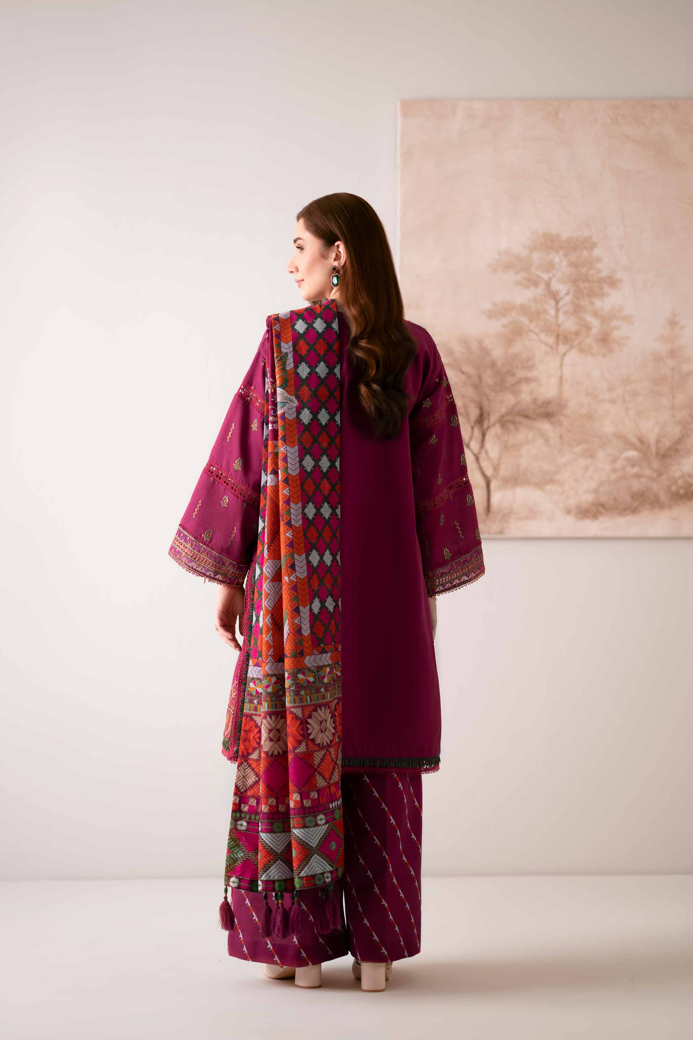 NISHATUAE - Magenta Embroidered Khaddar 3-piece Unstitched Suit