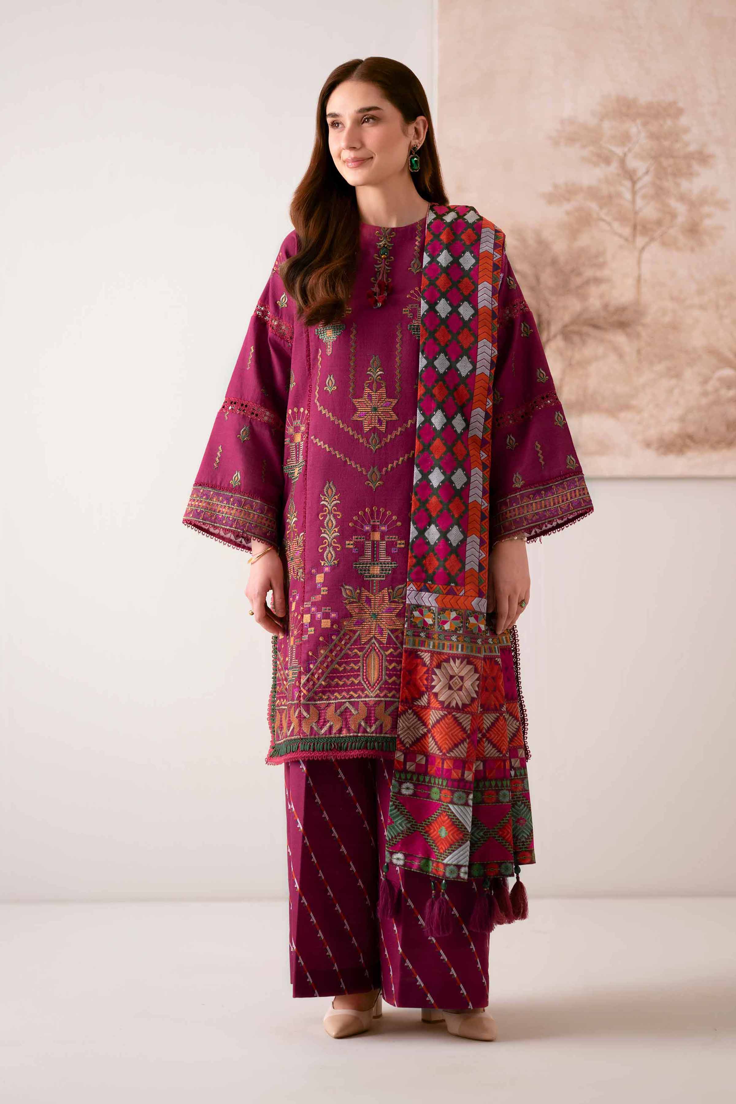 NISHATUAE - Magenta Embroidered Khaddar 3-piece Unstitched Suit
