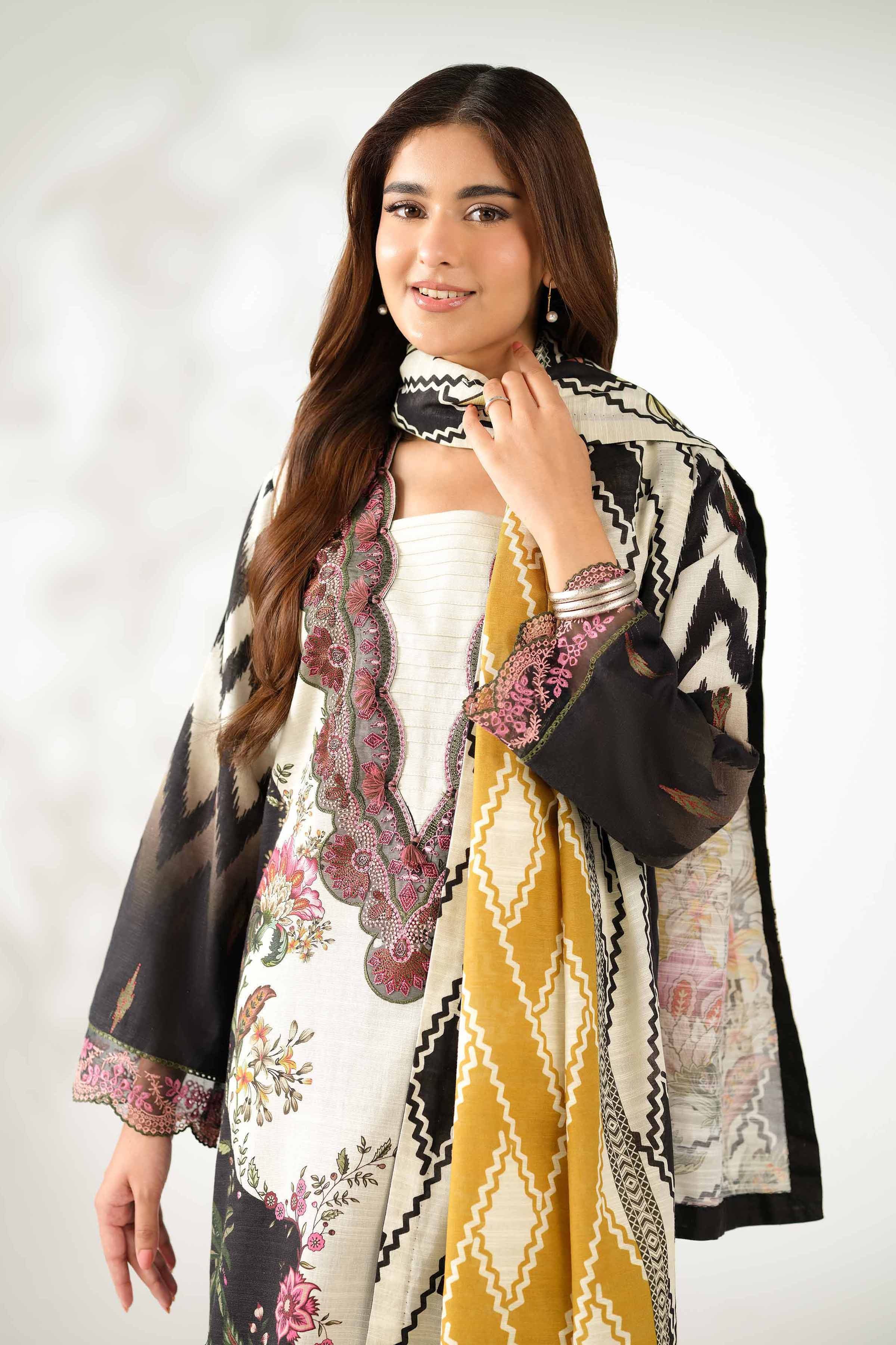 NISHATUAE - Black Embroidered Khaddar 3-piece Unstitched Suit