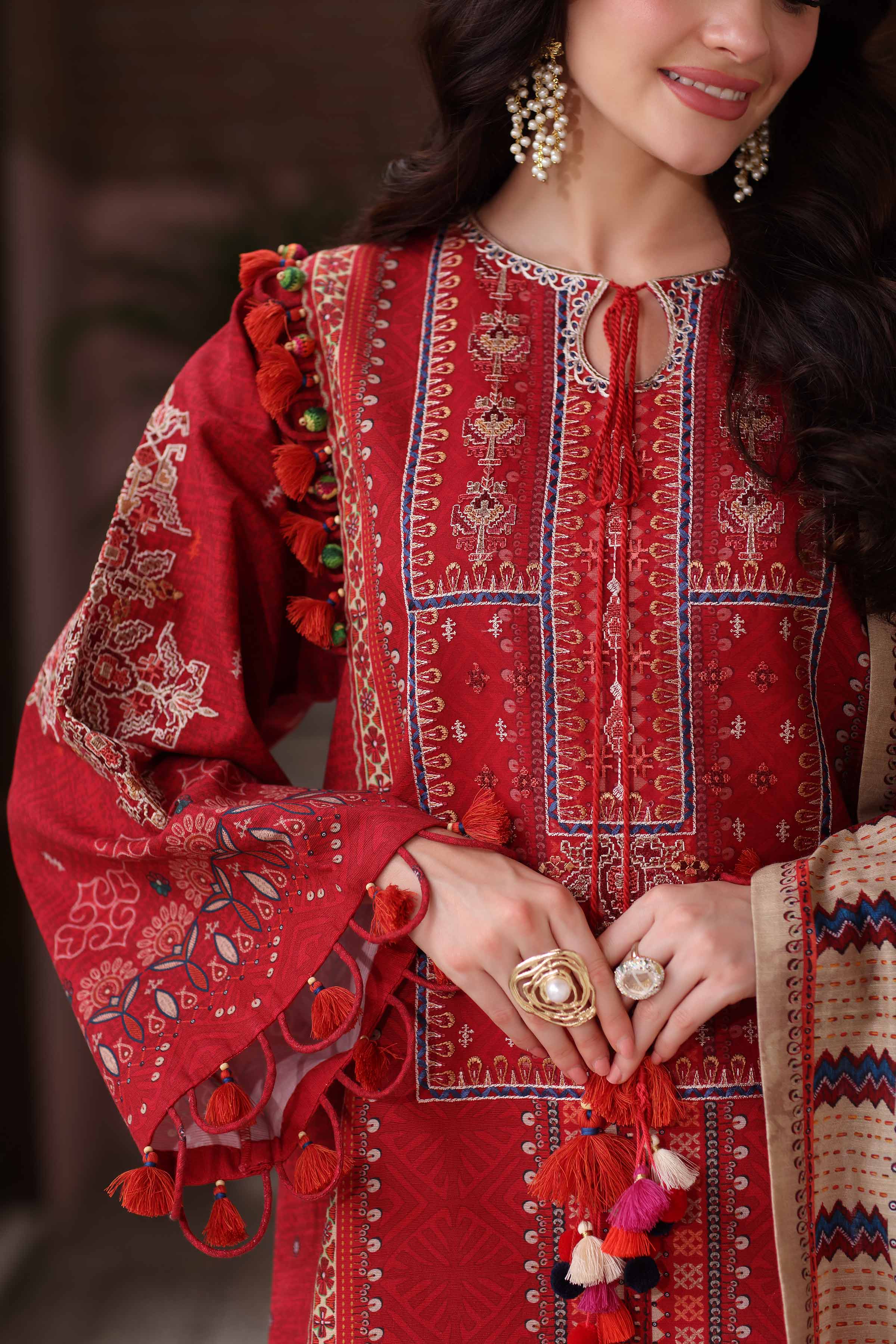 NISHATUAE - Red Embroidered Khaddar 3-piece Unstitched Suit