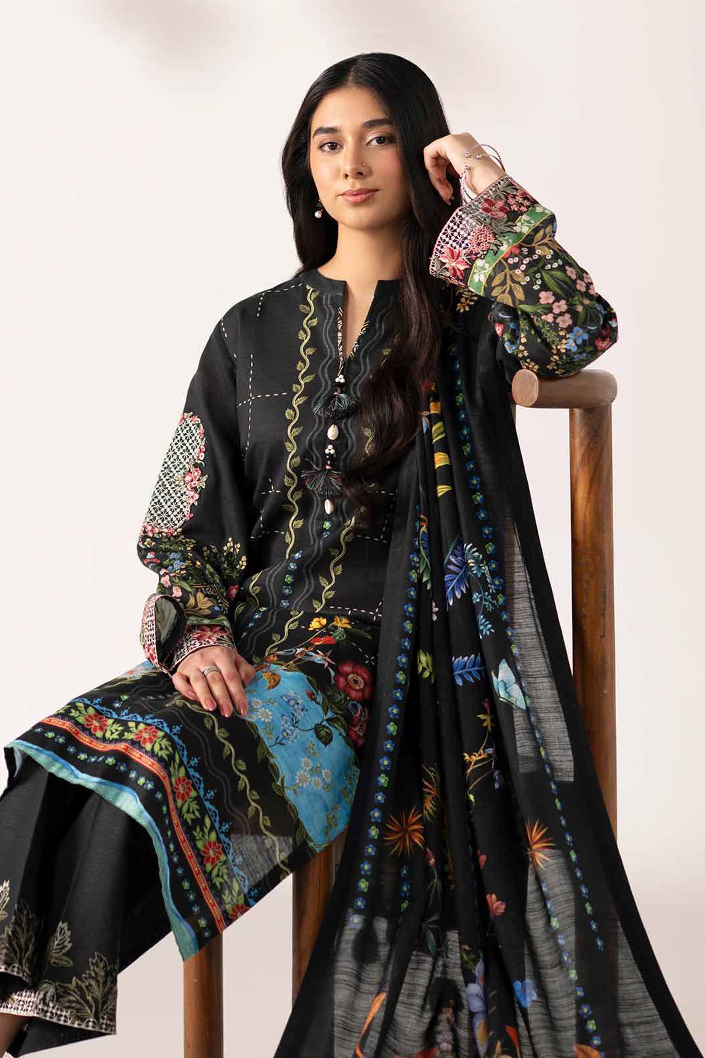NISHATUAE - Black Embroidered Khaddar 3-piece Unstitched Suit