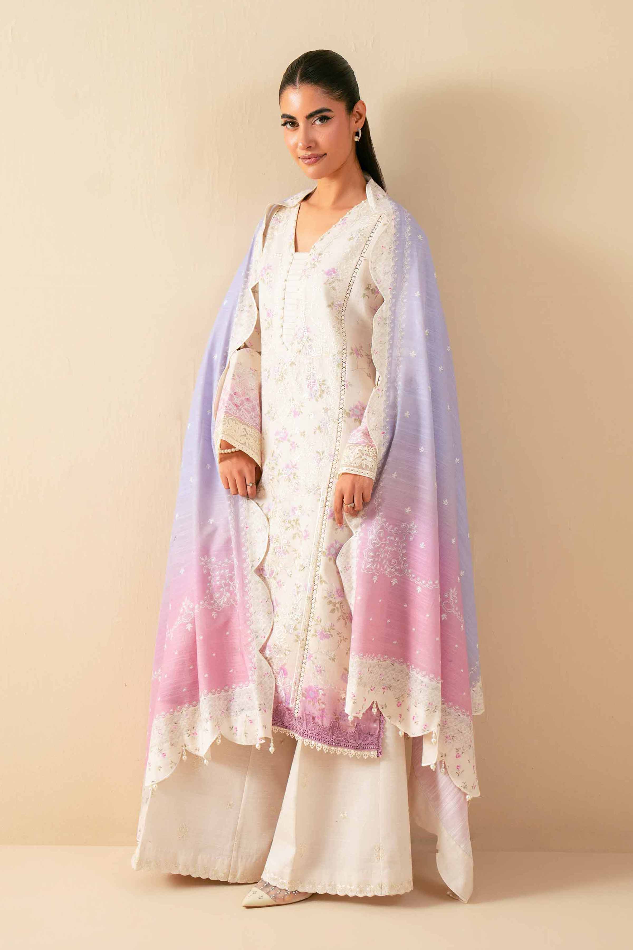 NISHATUAE - Off White Embroidered Khaddar 3-piece Unstitched Suit