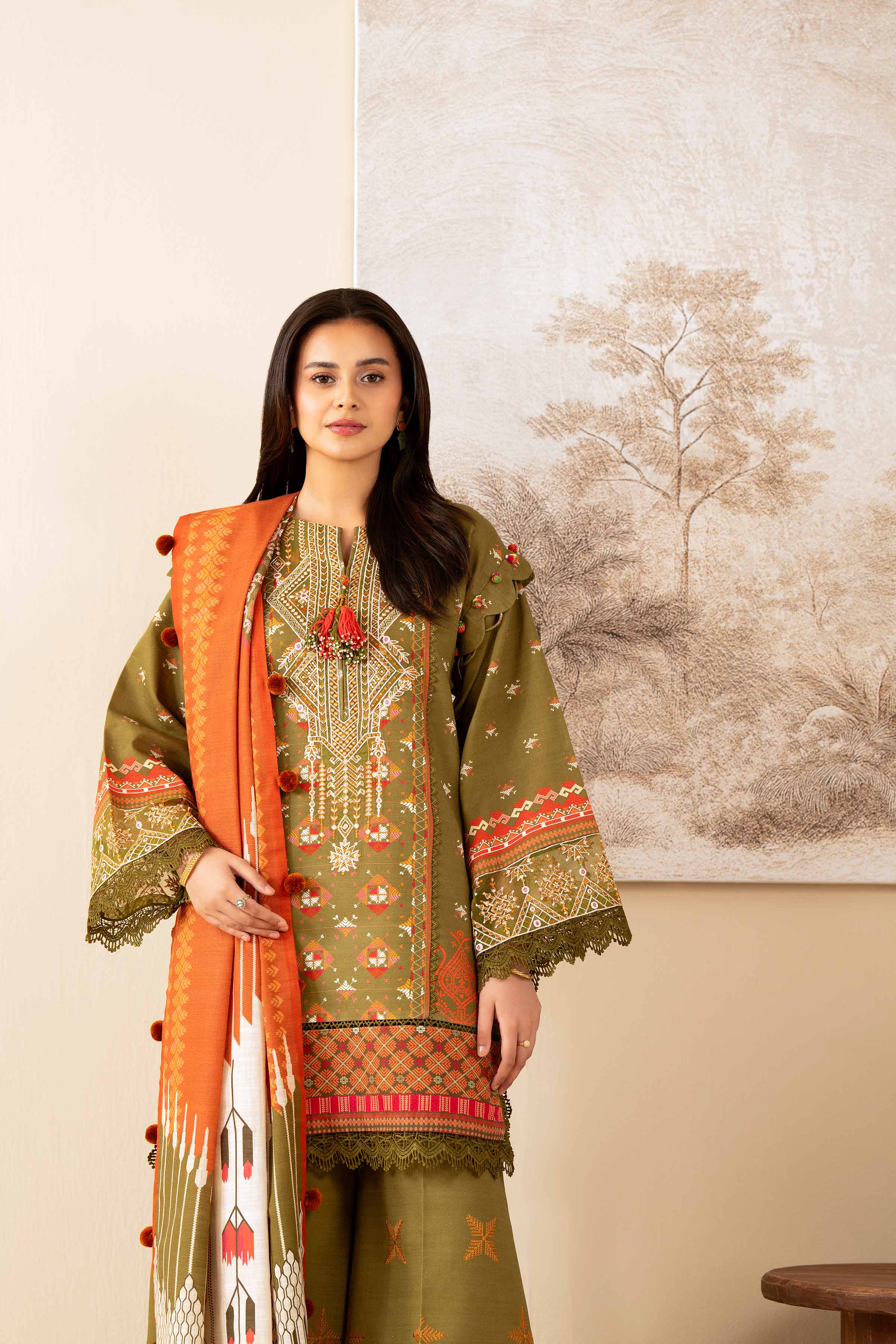 NISHATUAE - Olive Embroidered Khaddar 3-piece Unstitched Suit