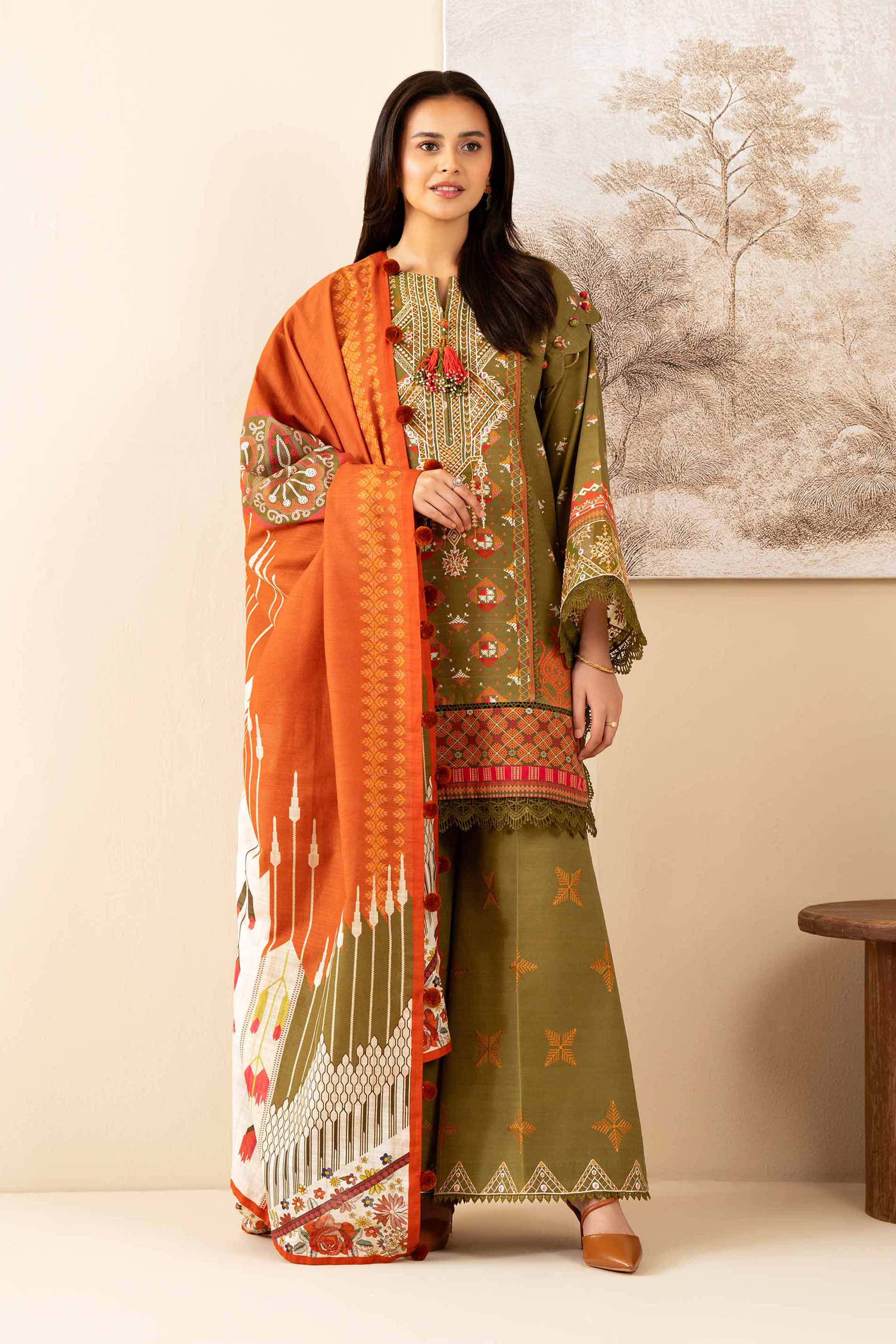 NISHATUAE - Olive Embroidered Khaddar 3-piece Unstitched Suit