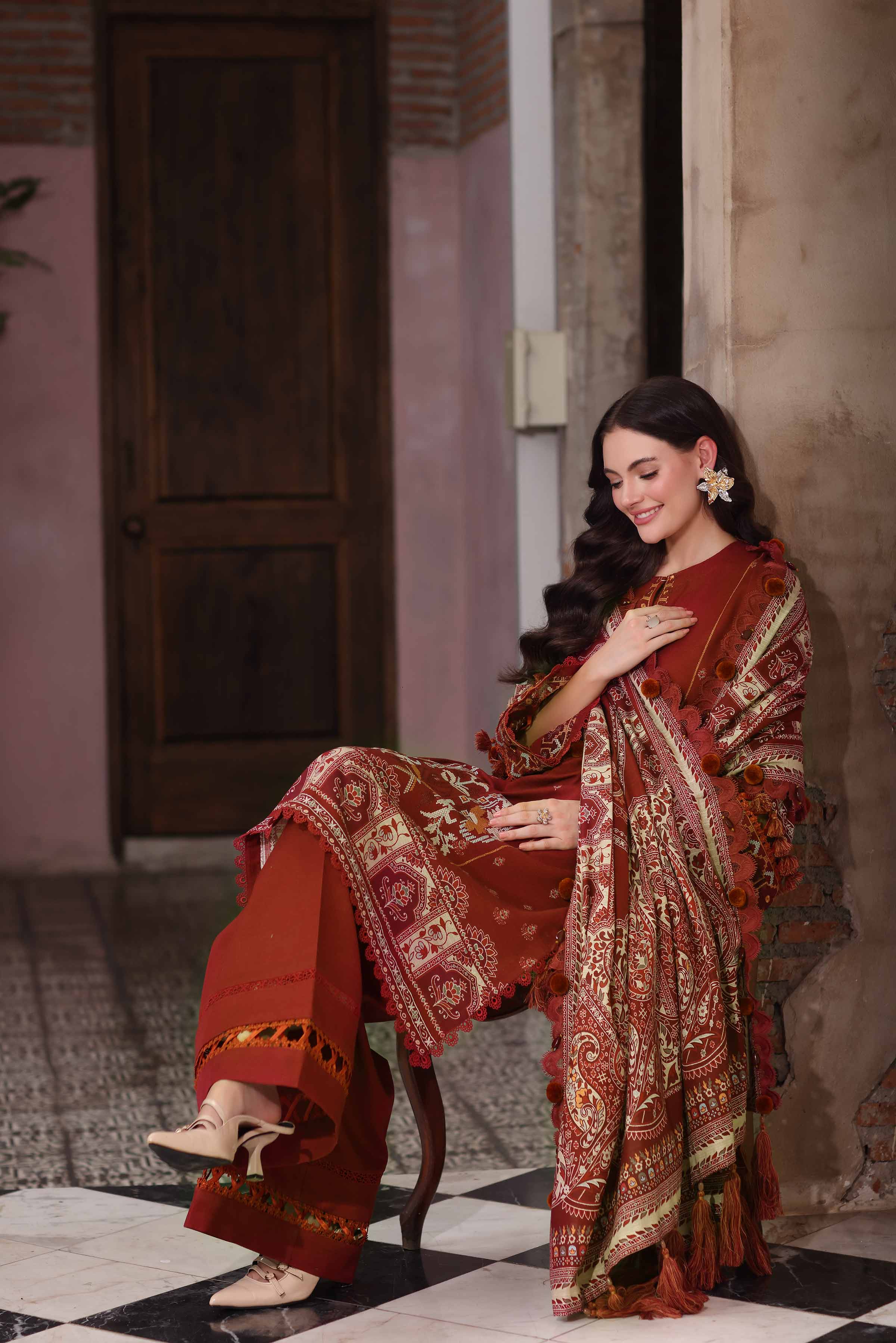NISHATUAE - Maroon Embroidered Khaddar 3-piece Unstitched Suit