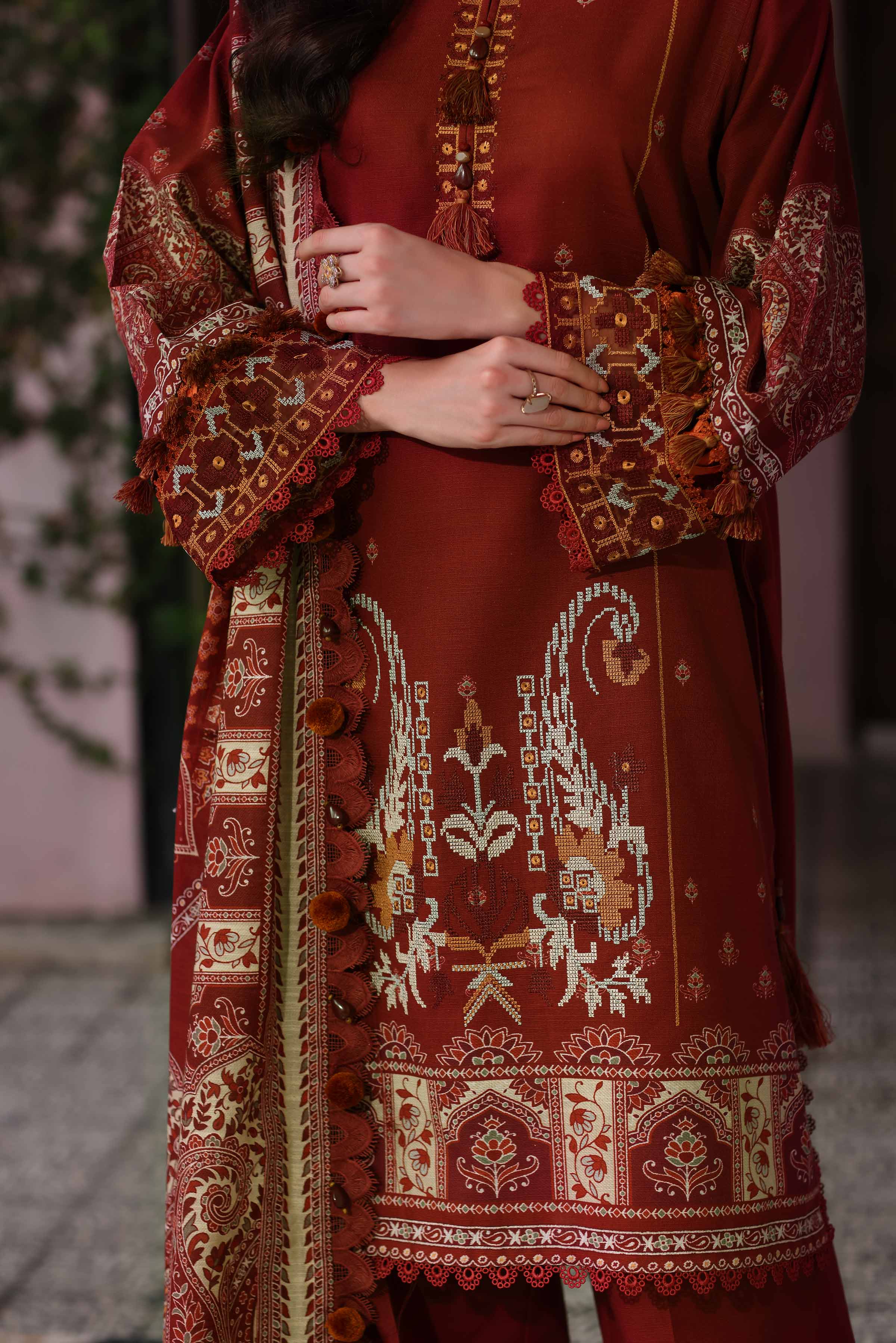 NISHATUAE - Maroon Embroidered Khaddar 3-piece Unstitched Suit