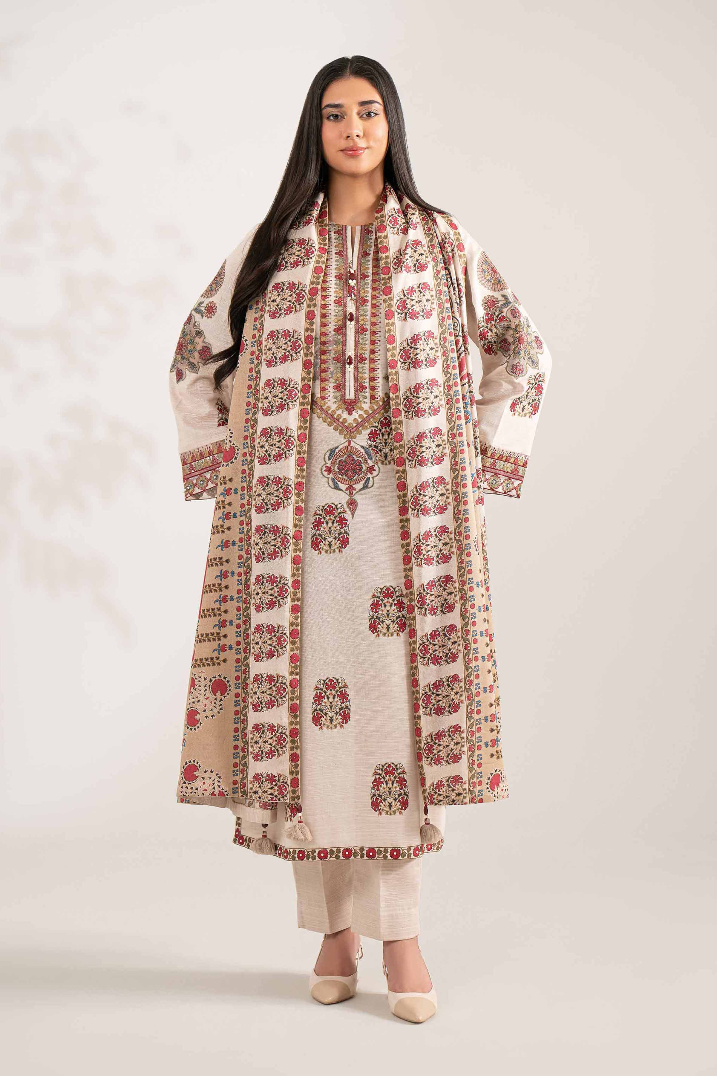 NISHATUAE - Beige Embroidered Khaddar 3-piece Unstitched Suit