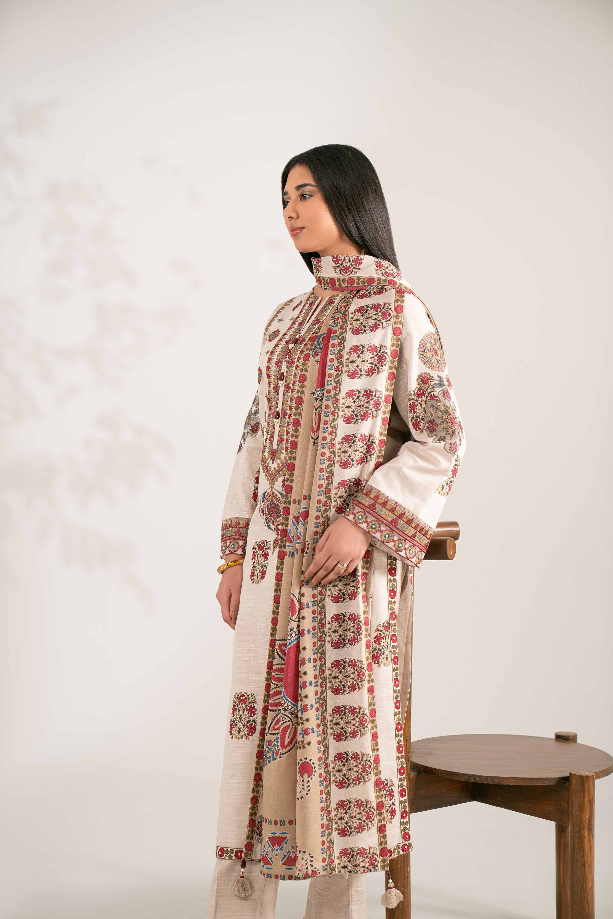 NISHATUAE - Beige Embroidered Khaddar 3-piece Unstitched Suit