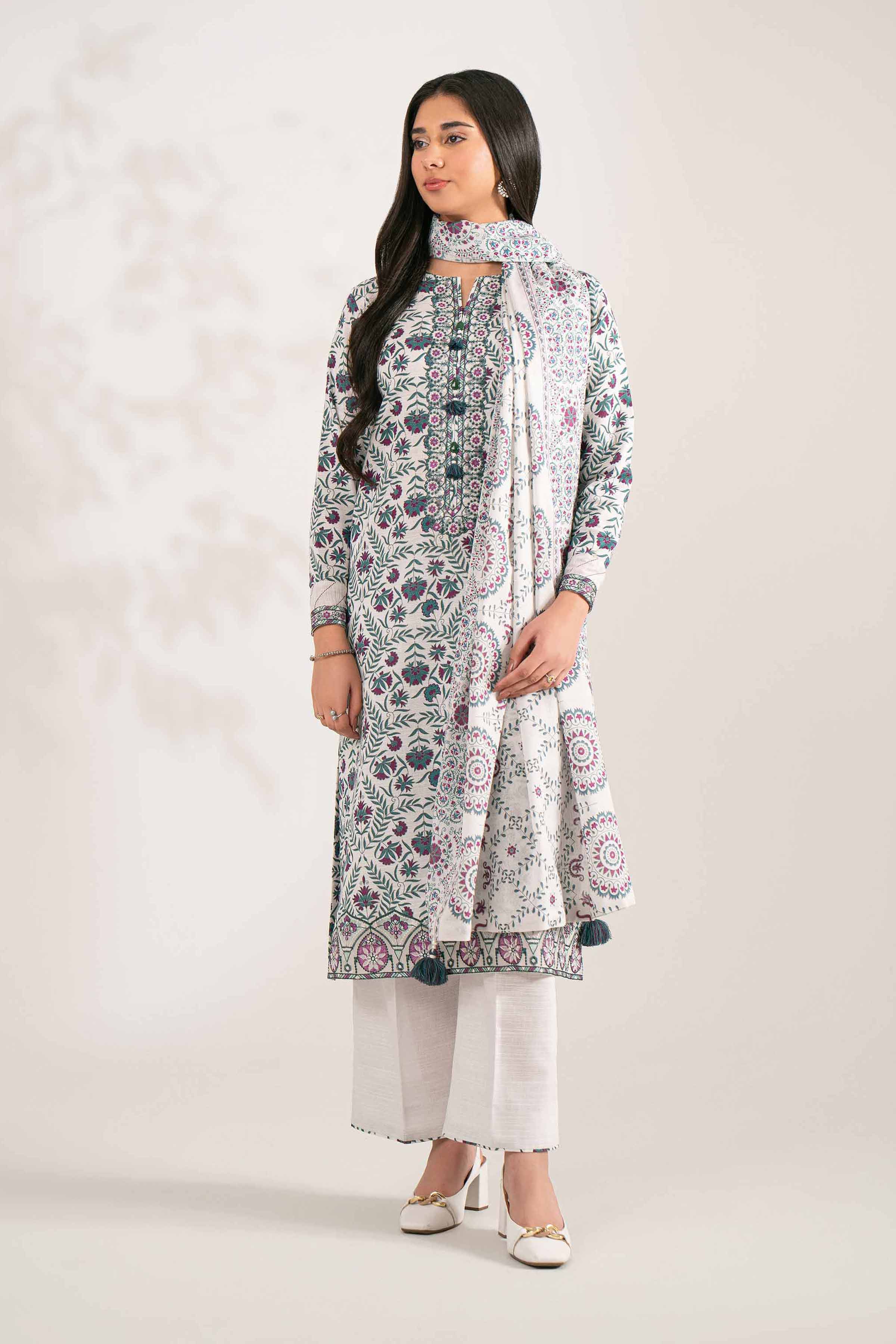 NISHATUAE - White Embroidered Khaddar 3-piece Unstitched Suit